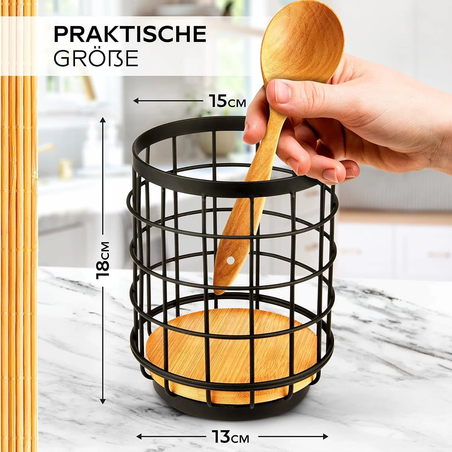 HIKITCHEN® - Bambusowy uchwyt na przybory kuchenne | Wysokiej jakości pomocnik kuchenny, pojemnik na przybory kuchenne i organizer do przechowywania przyborów kuchennych i akcesoriów kuchennych