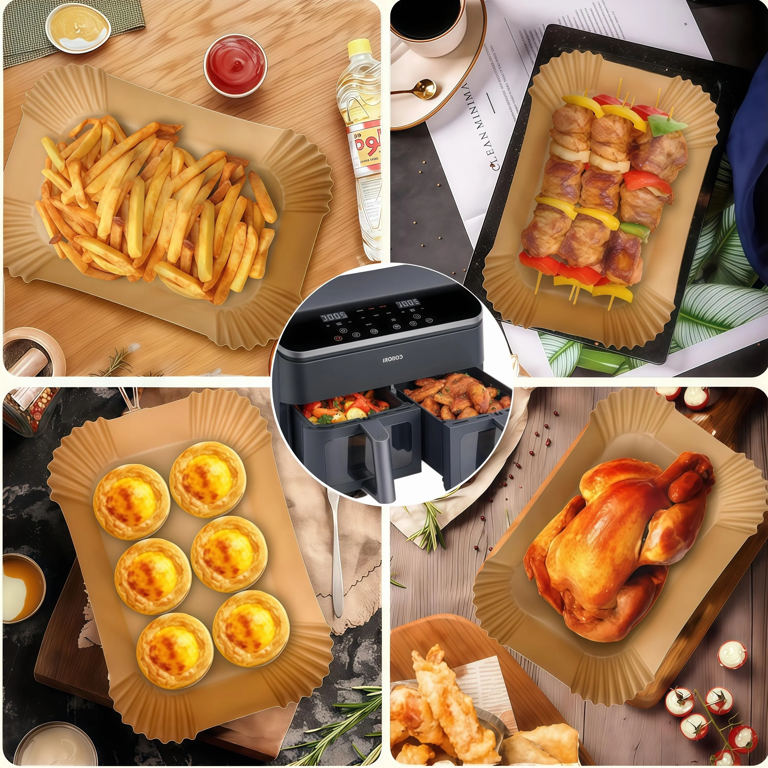 120szt Papier do smażenia do Philips Airfryer 3000 Series, papier smażenia Philips Dual Basket Airfryer 9 Litres NA35000, papier do smażenia Air Fryer do Moulinex EZ901820, 60szt+60szt, 6L+3L