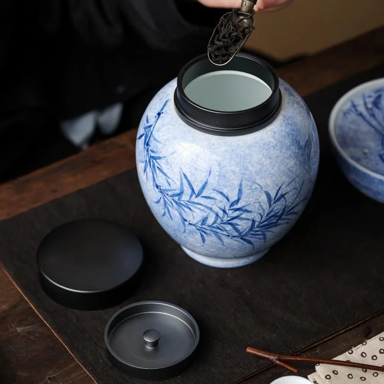 XYNSNDB Słoik cukru Czysta ręcznie malowana, barwiona tuszem zielona, ​​duża okrągła puszka na herbatę Herbata do użytku domowego, zamknięta puszka Ceramiczna puszka do przechowywania żywności