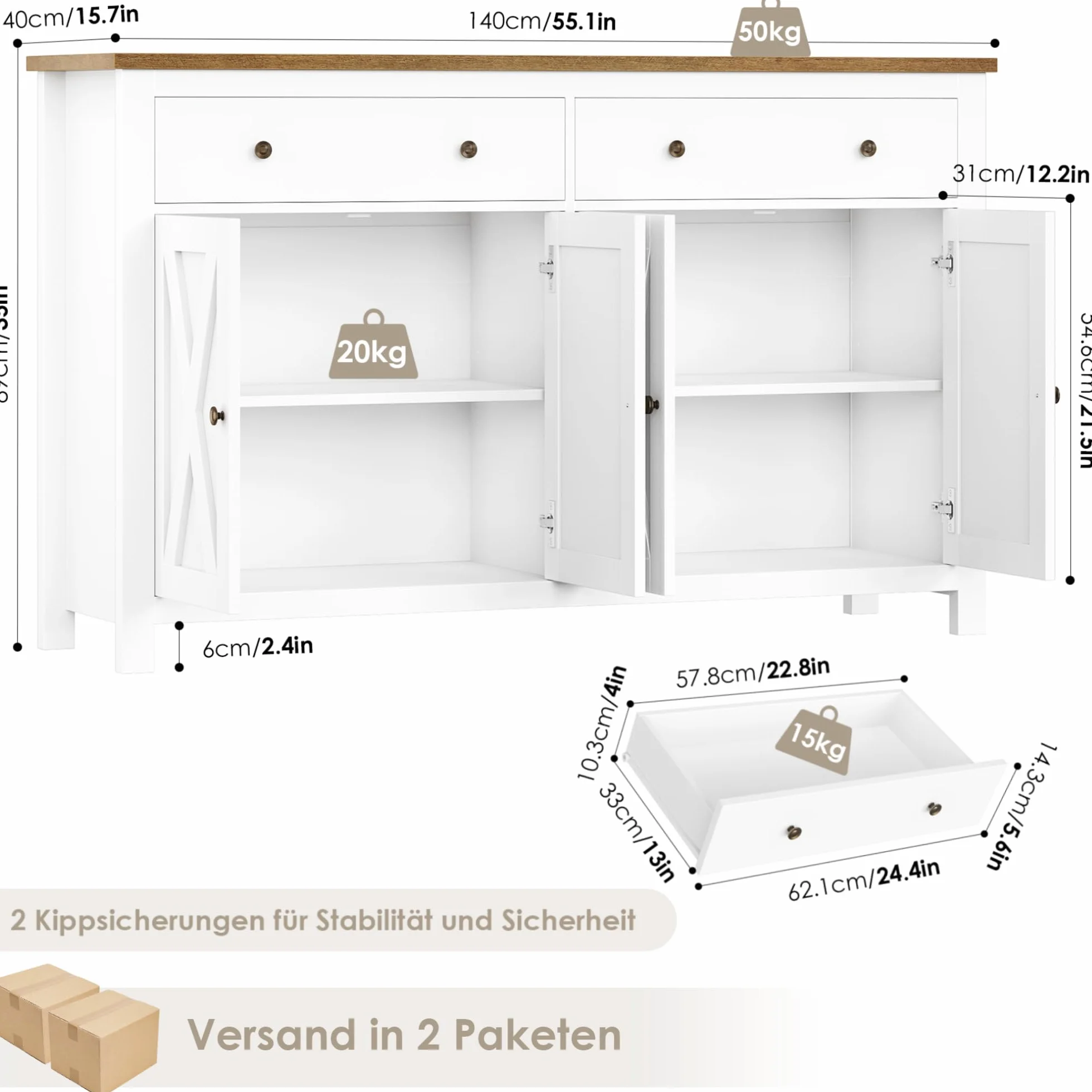 FirFurd kredens biały 140 cm szafka kuchenna z regulowanymi półkami 4 drzwi 2 szuflady 140 x 40 x 89 cm