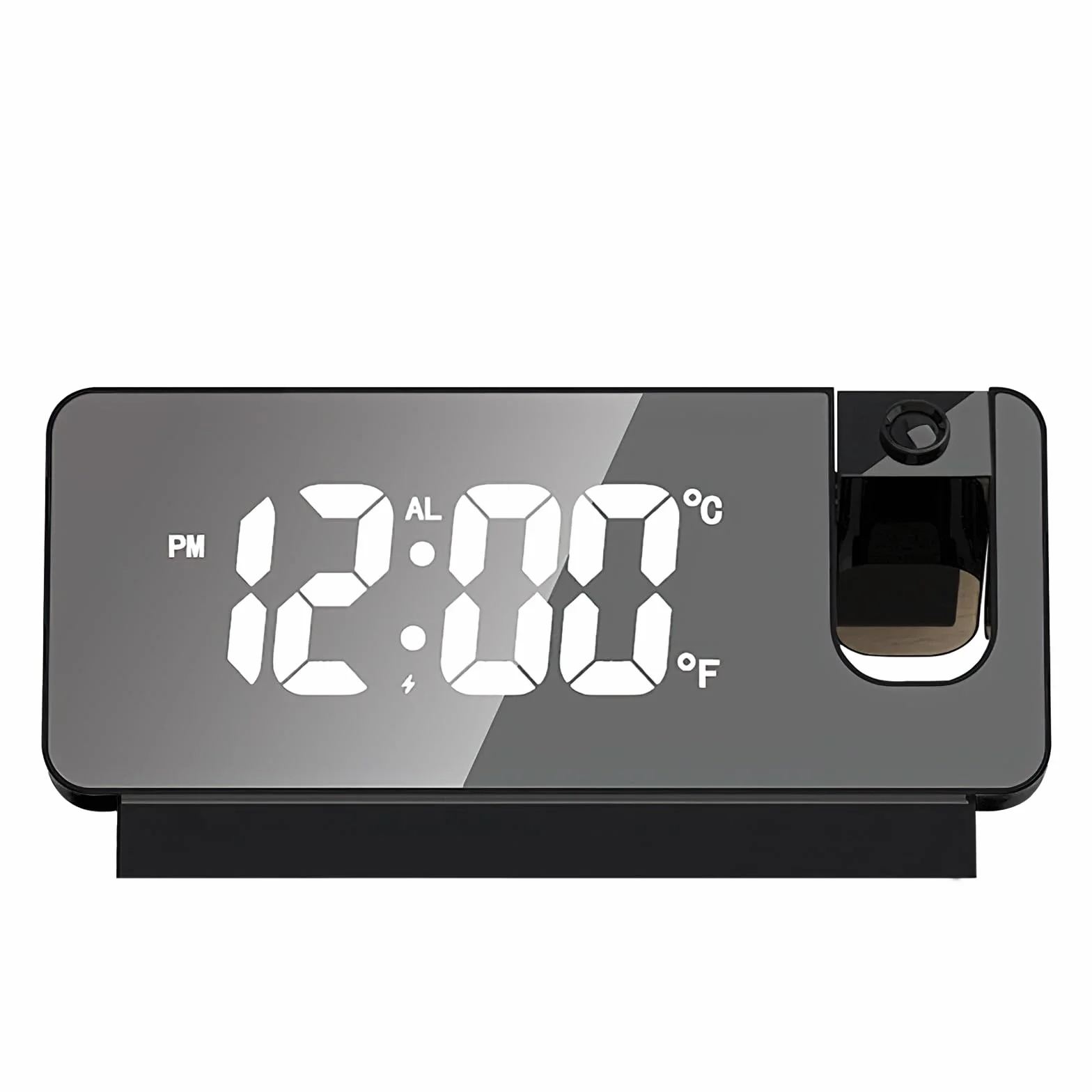 TNSLAND Budzik z projektorem, z projekcją 180°, cyfrowy zegar LED, podwójny gong, temperatura, złącze USB, funkcja ładowania, zegar projekcyjny do domu, biura (czarny)