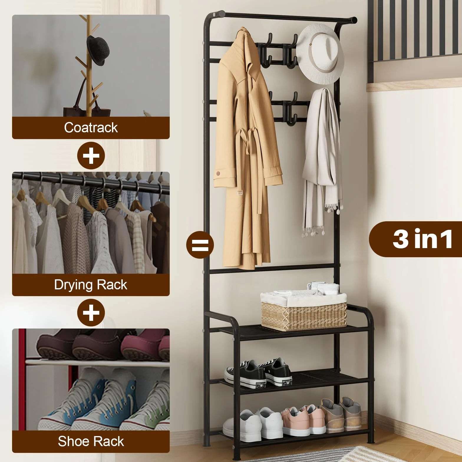 Innotic wieszak na ubrania, wieszak na buty, wieszak na płaszcze stojący z 16 wyjmowanymi haczykami, 3 półką z siatki, wysokość 182 cm, do wejścia, salonu, sypialni, czarny