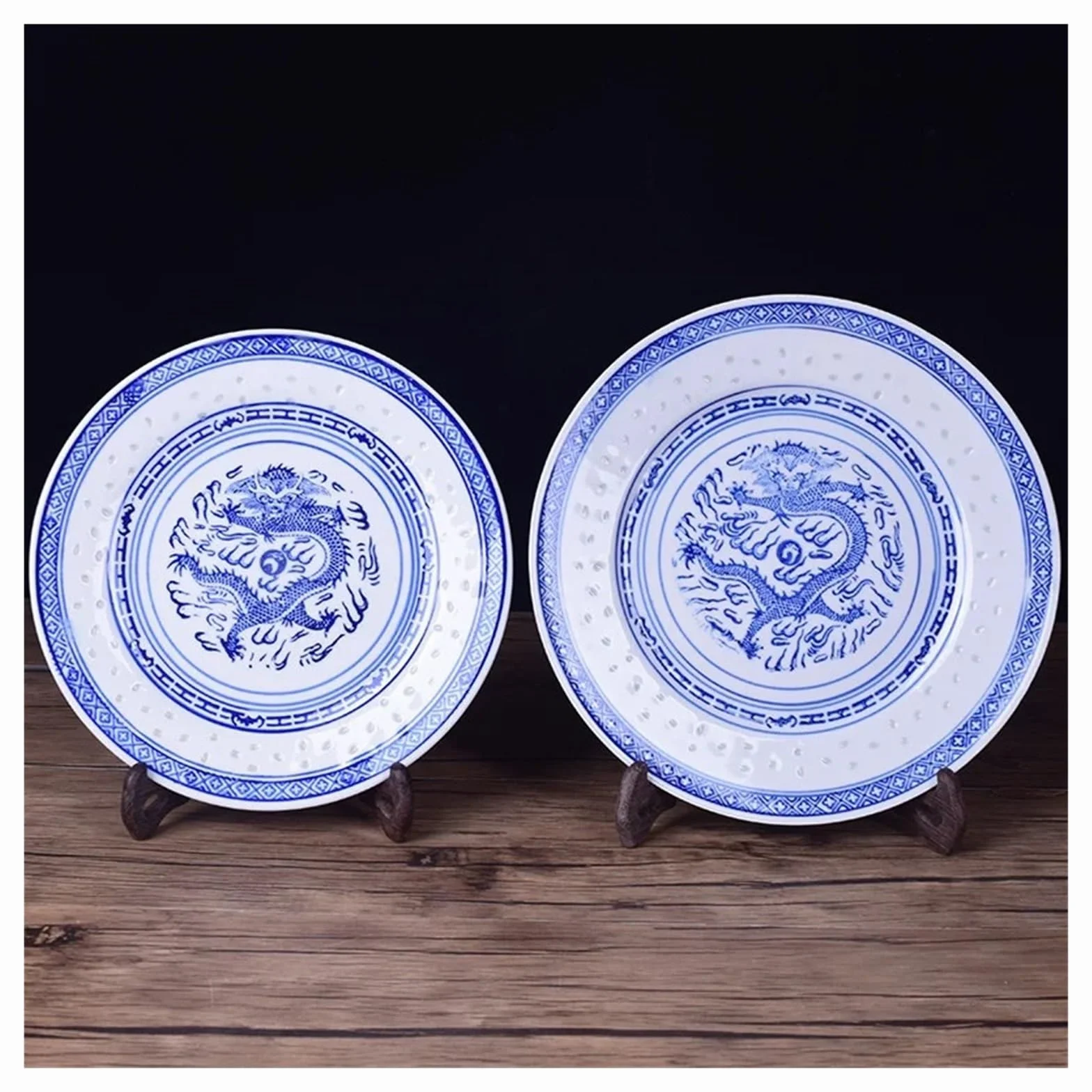 Chiński Płaski Talerz Niebiesko-biały Porcelanowy Obiadowy Ceramiczna Staromodna Zastawa Stołowa Smok Taca Na Jedzenie WyjąTkowe Obrazy(8-inch)