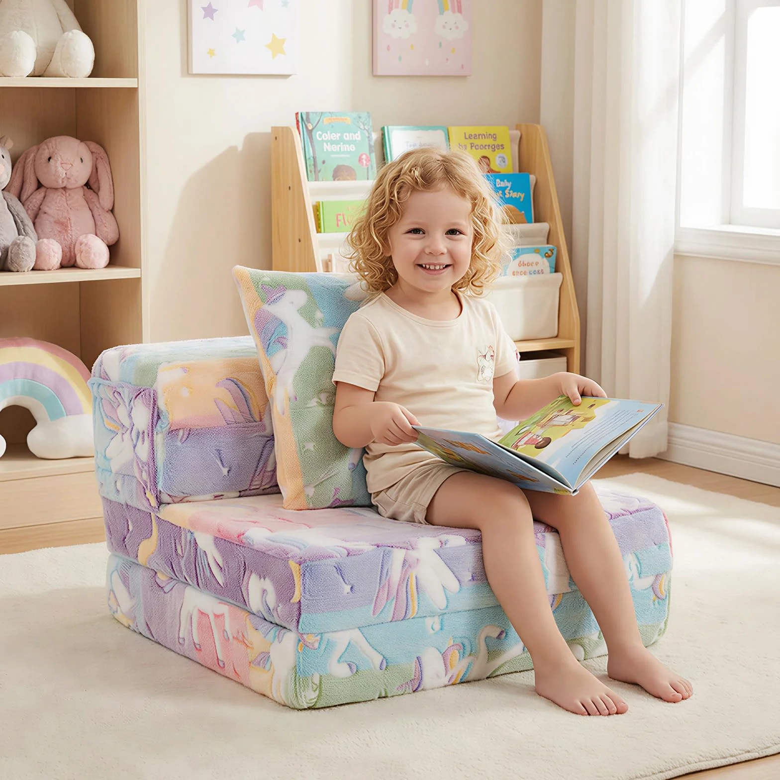 COSTWAY Sofa dziecięca 3 w 1 świecąca w ciemności, składany fotel z poduszką i zdejmowanym pokrowcem, wyściełana sofa do zabawy z funkcją spania do pokoju dziecięcego, kolorowy