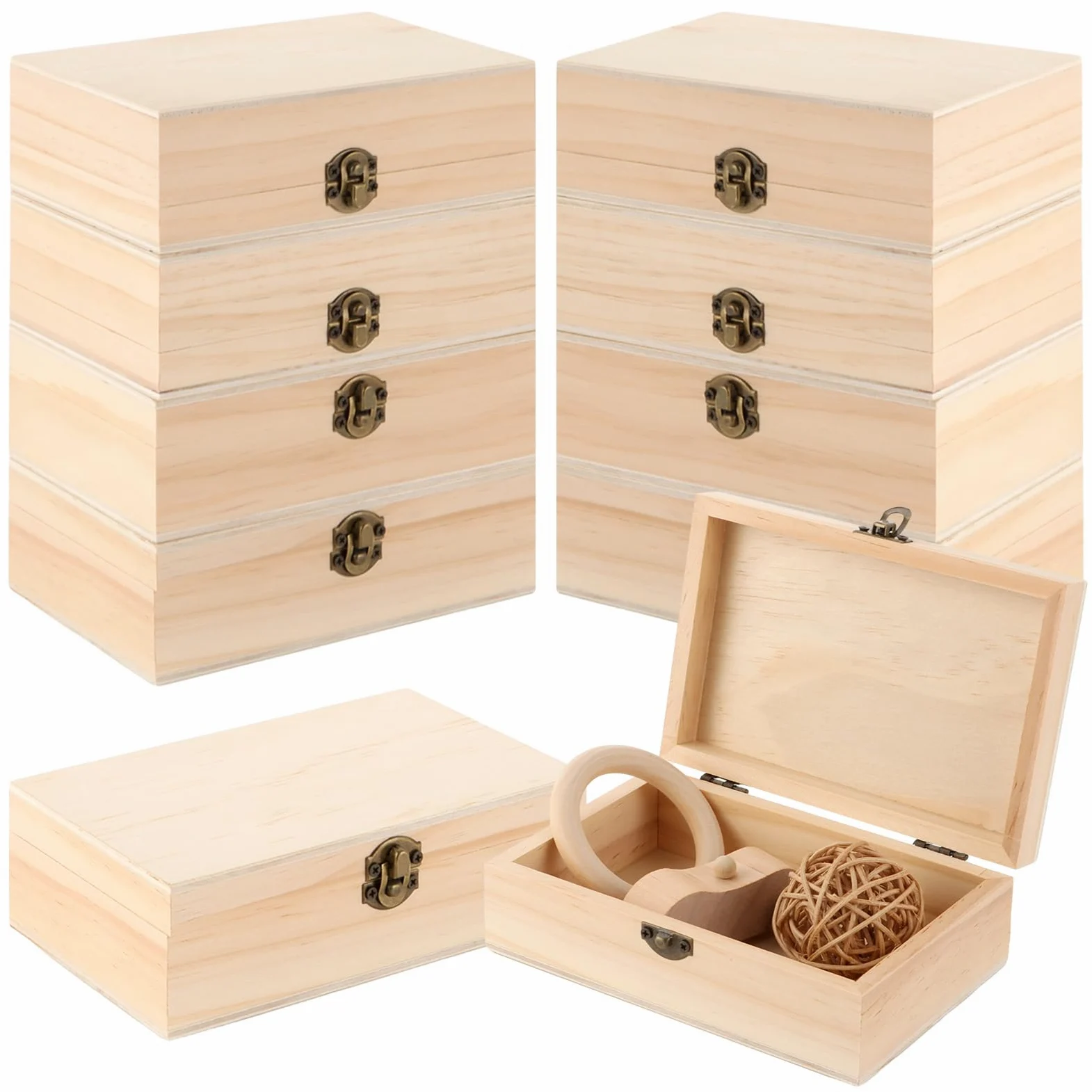10 sztuk drewnianych skrzynek z pokrywką, 15 x 10 x 5 cm, małe drewniane pudełko z pokrywką, drewniane pudełko z zawiasami i zamkiem, małe drewniane skrzynie na skarby, małe do malowania