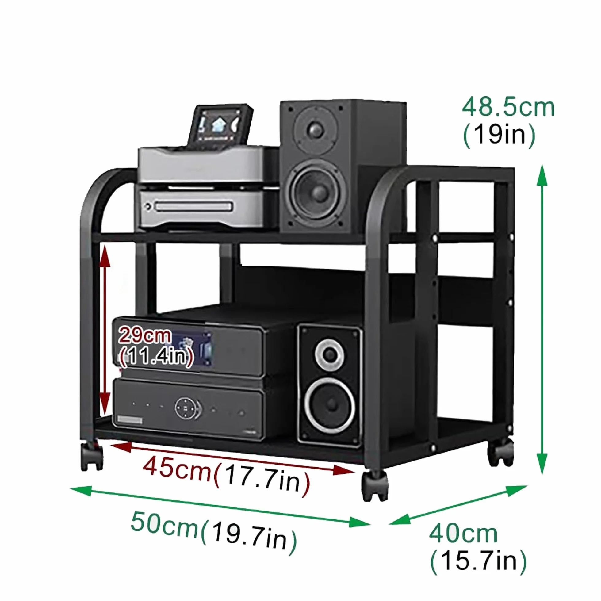 Półka na nośniki AV z regulacją wysokości, przenośny stojak audio do biura, sypialni, salonu i studia nagrań, wszechstronna konsola stereo z regulowanymi półkami, 50 x 40 x 48,5 cm