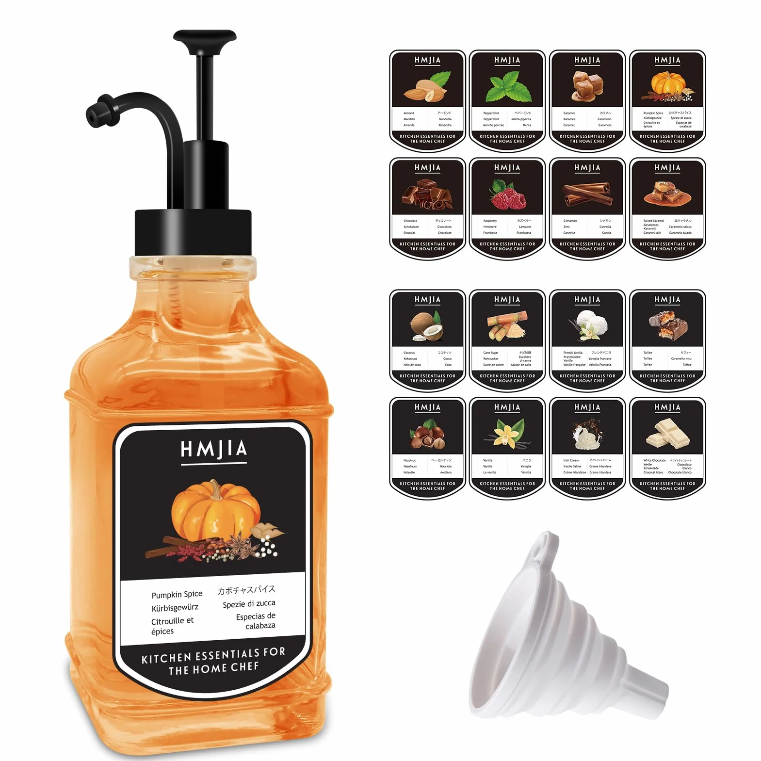 HMJIA Dozownik syropu kawowego do kawiarni, 500 ml, szklane butelki na syrop z 16 wodoodpornymi etykietami, pompa do syropu do restauracji, baru lub lodziarni (500 ml - 1 szt., czarny kwadrat)