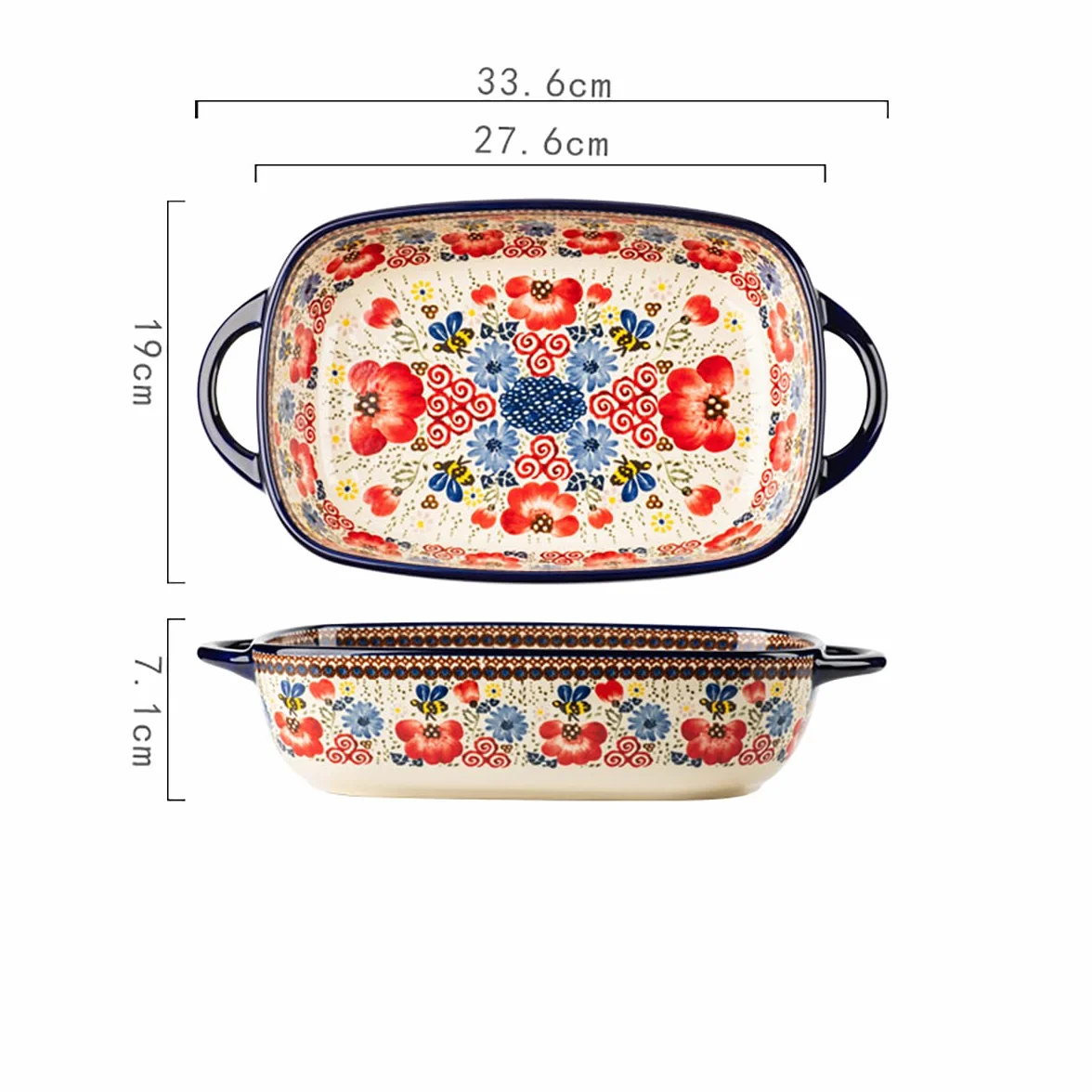 Ceramiczne naczynia do pieczenia w stylu vintage kwiaty patelnia do pieczenia lasagne patelnie do pieczenia z uchwytami do piekarnika/gotowania / kuchni - 1 szt. - czerwone kwiaty - 1700 ml