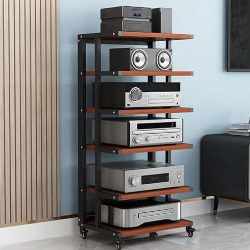 6-poziomowy mini stojak HiFi z kółkami, kompaktowy stojak na komponenty audio, gramofony, winylowe, odtwarzacze DVD i przechowywanie multimediów, solidna konstrukcja z drewna i stali do gier i sprzętu