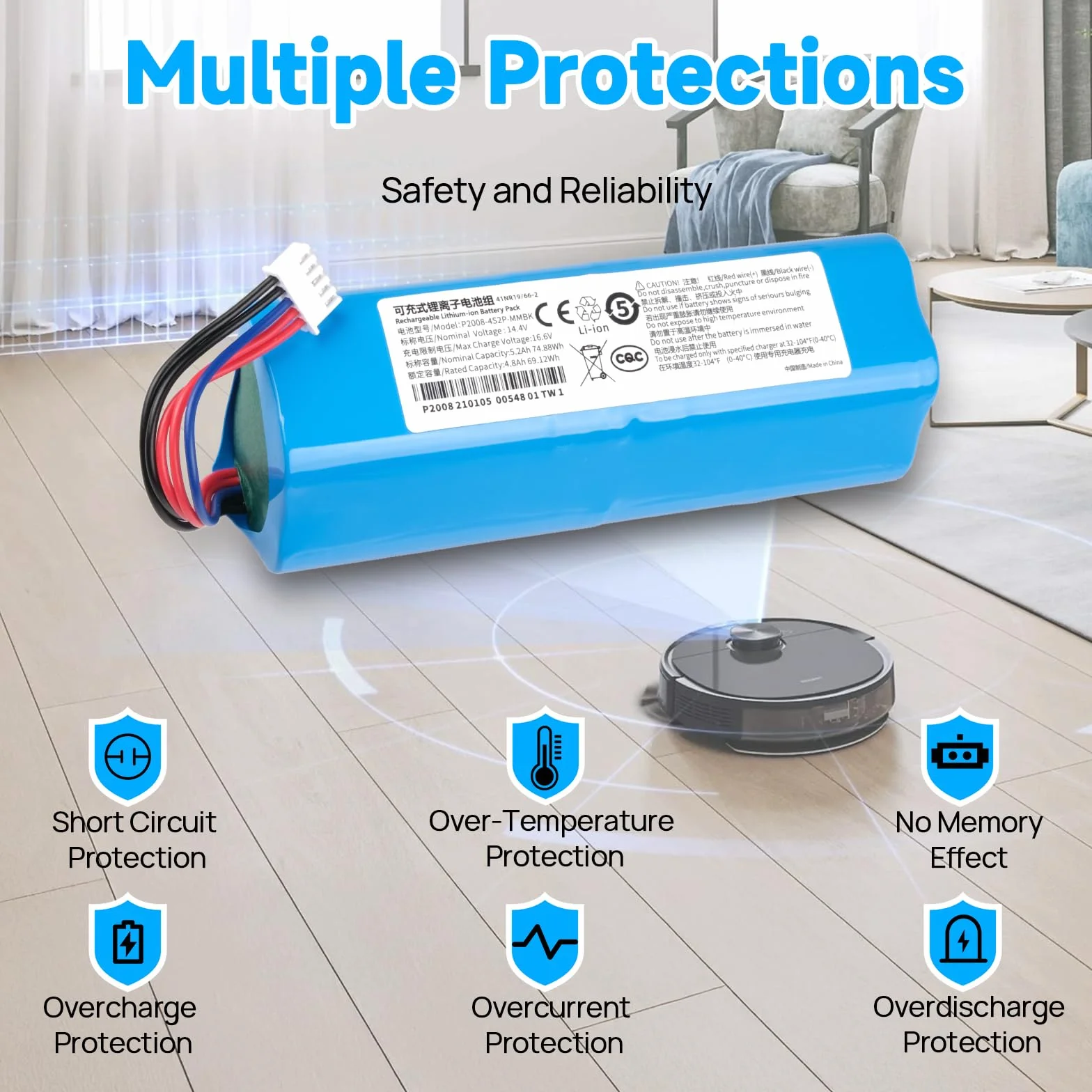 Akumulator 5200 mAh kompatybilny z Ecovacs Deebot T5 T8 T8+ T9 T9+, Deebot T10 T9 Ozmo 950 DX65 DX93 DX96 X1 Omni X1 Turbo X1 Plus DLX11-21/61 DBX11-11-11 /21 Aspire radery, S10-LI-144-5200 201-1913