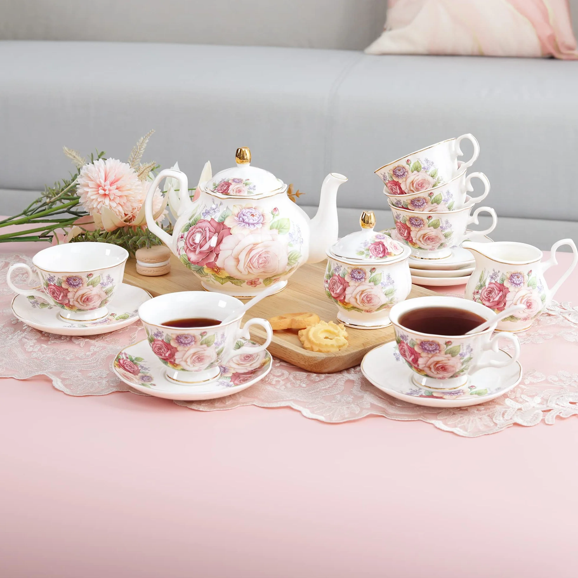 fanquare Europejski porcelanowy zestaw do kawy, różowy zestaw do herbaty dla kobiet, zestaw do herbaty z porcelany kostnej, vintage kwiatowy dzbanek do kawy i herbaty z kubkami