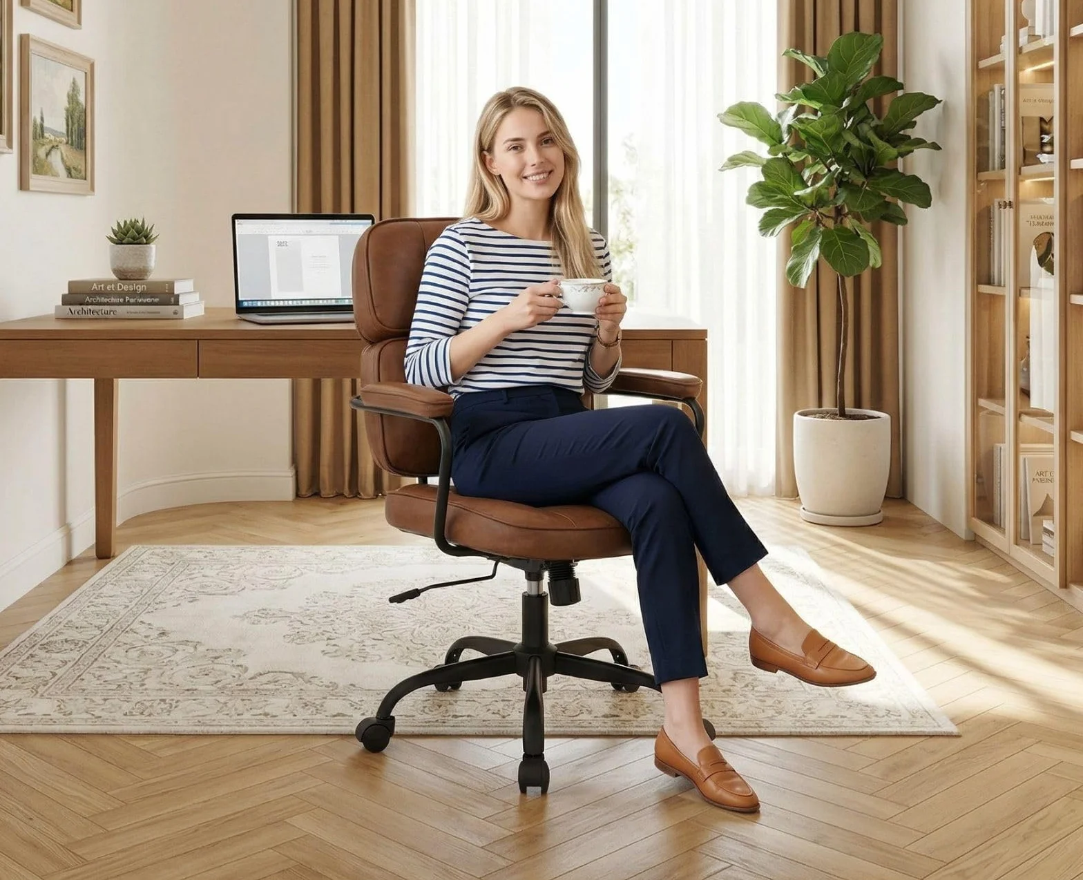 chairus Ergonomiczne obrotowe krzesło biurowe, ze skóry PU, regulowana wysokość, krzesło komputerowe do gabinetu (brązowe)