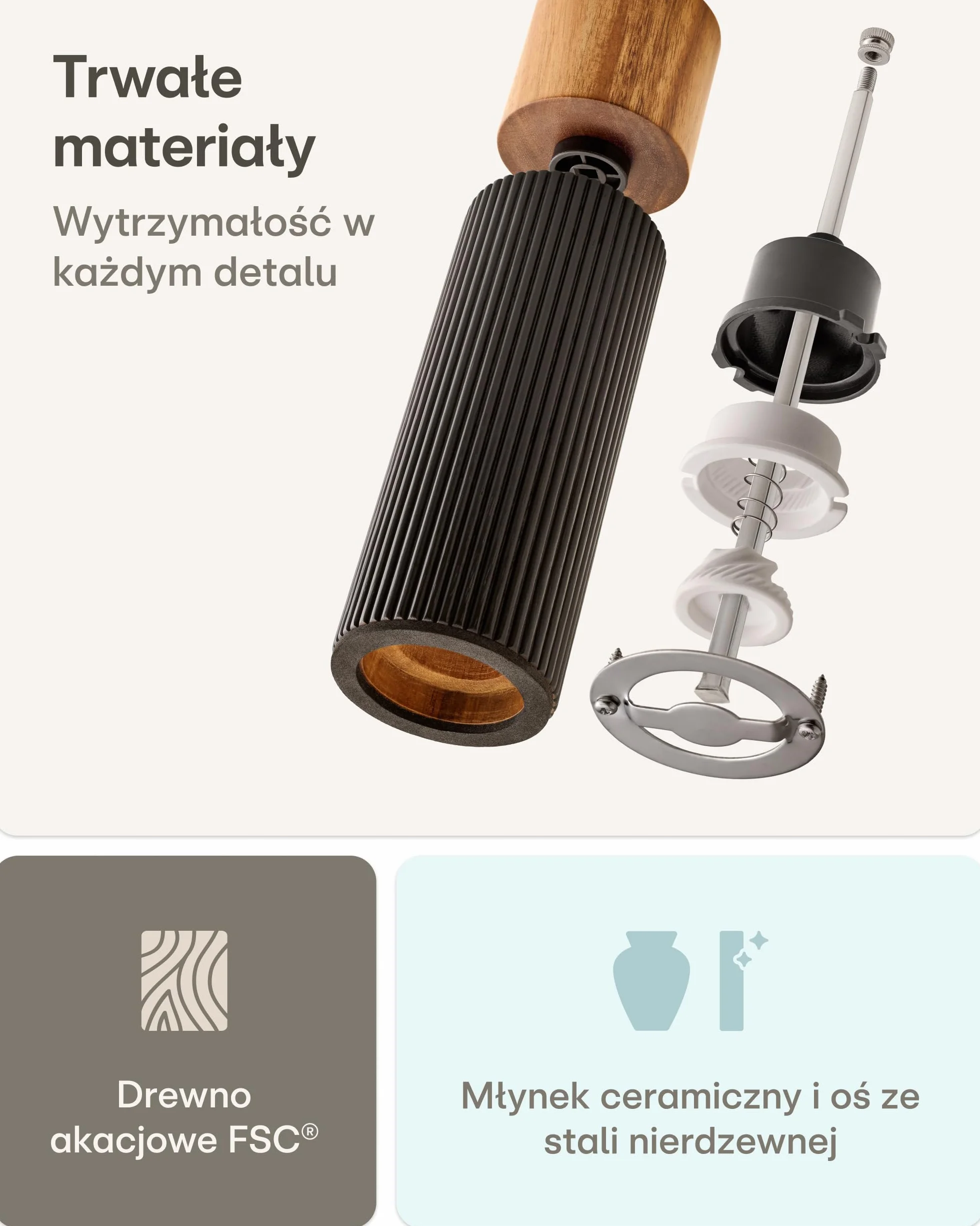 Praknu Zestaw Młynków Do Soli I Pieprzu Z Drewna Akacjowego FSC® – Elegancki Design Z Ceramicznym Mechanizmem – Płynna Regulacja I Trwałość – Czarny – Duży