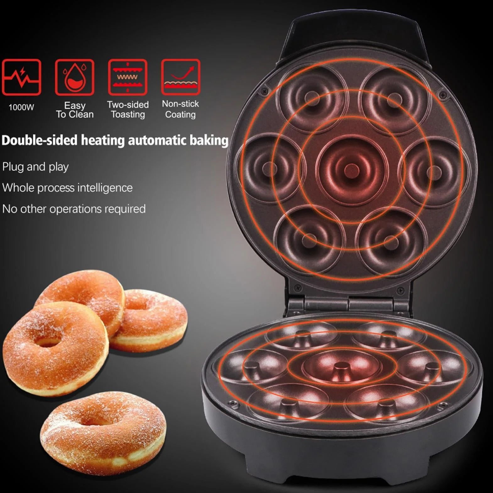 Mini maszyna do pączków - 7-otworowe dwustronne ogrzewanie gadżety kuchenne - maszyna do robienia pączków do domu, biura, kawiarni, piekarni, komercyjnego, domowego ciasta, śniadania, deseru