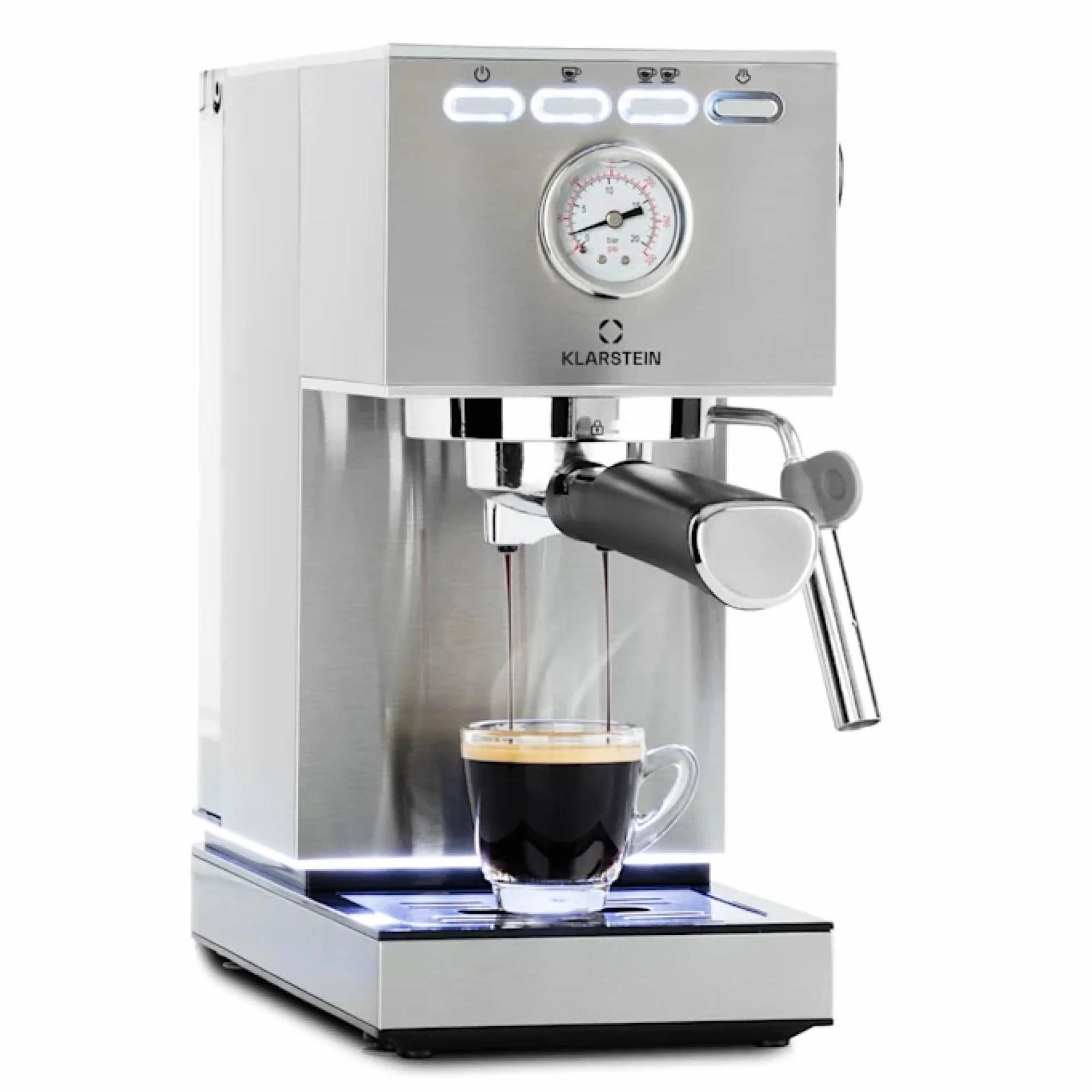 Klarstein Pausa Ekspres do espresso, Ekspres kolbowy 1350 W, 7-9 barów ciśnienia, Kolbowy do kawy ze zbiornikiem: 1,4 litra, Stal nierdzewna, srebrny