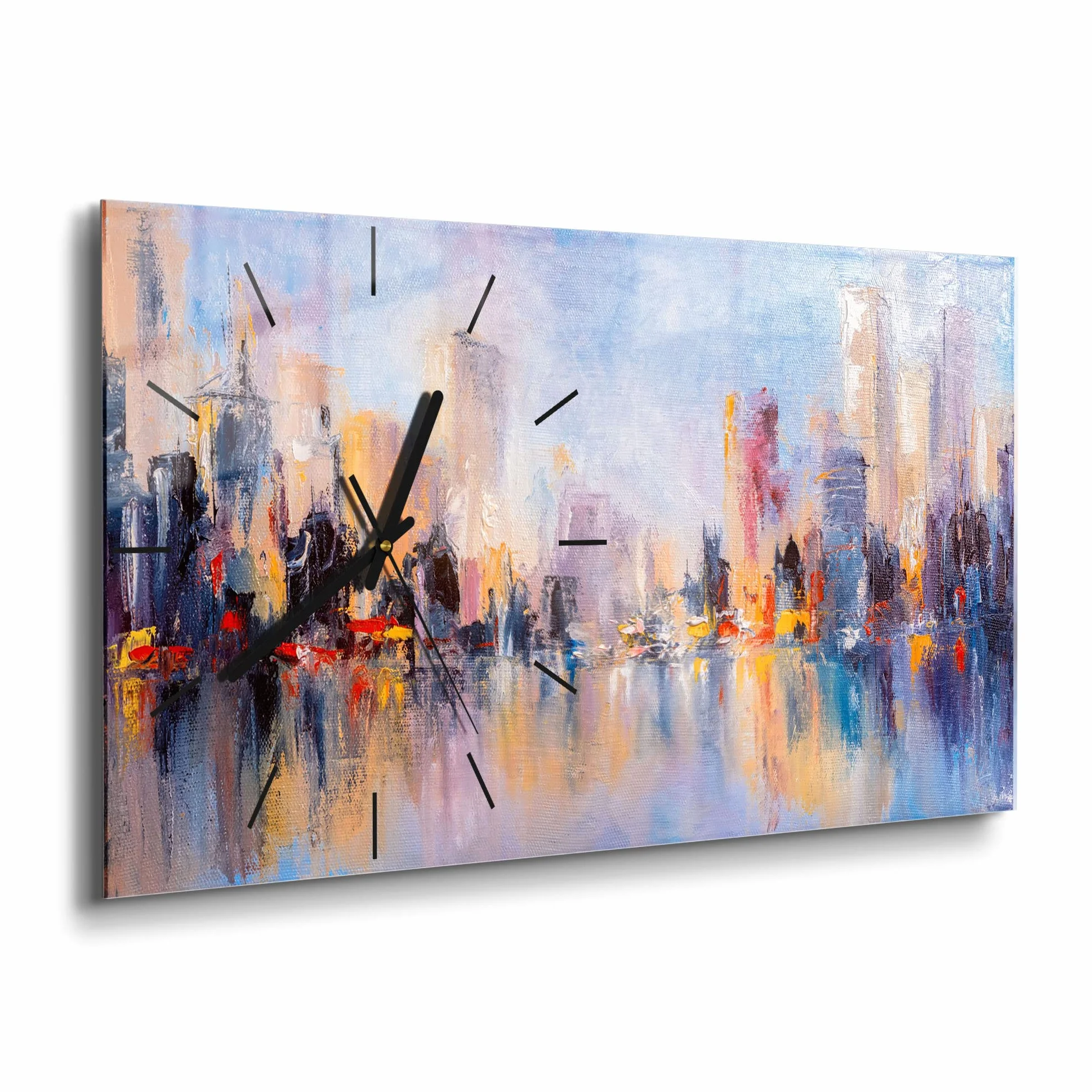 DEQORI Szklany zegar | pionowy 60 x 30 cm | motyw drapaczy chmur na wodzie | duży designerski zegar XXL | cichy zegar ścienny do salonu i kuchni | nowoczesny zegar na ścianę