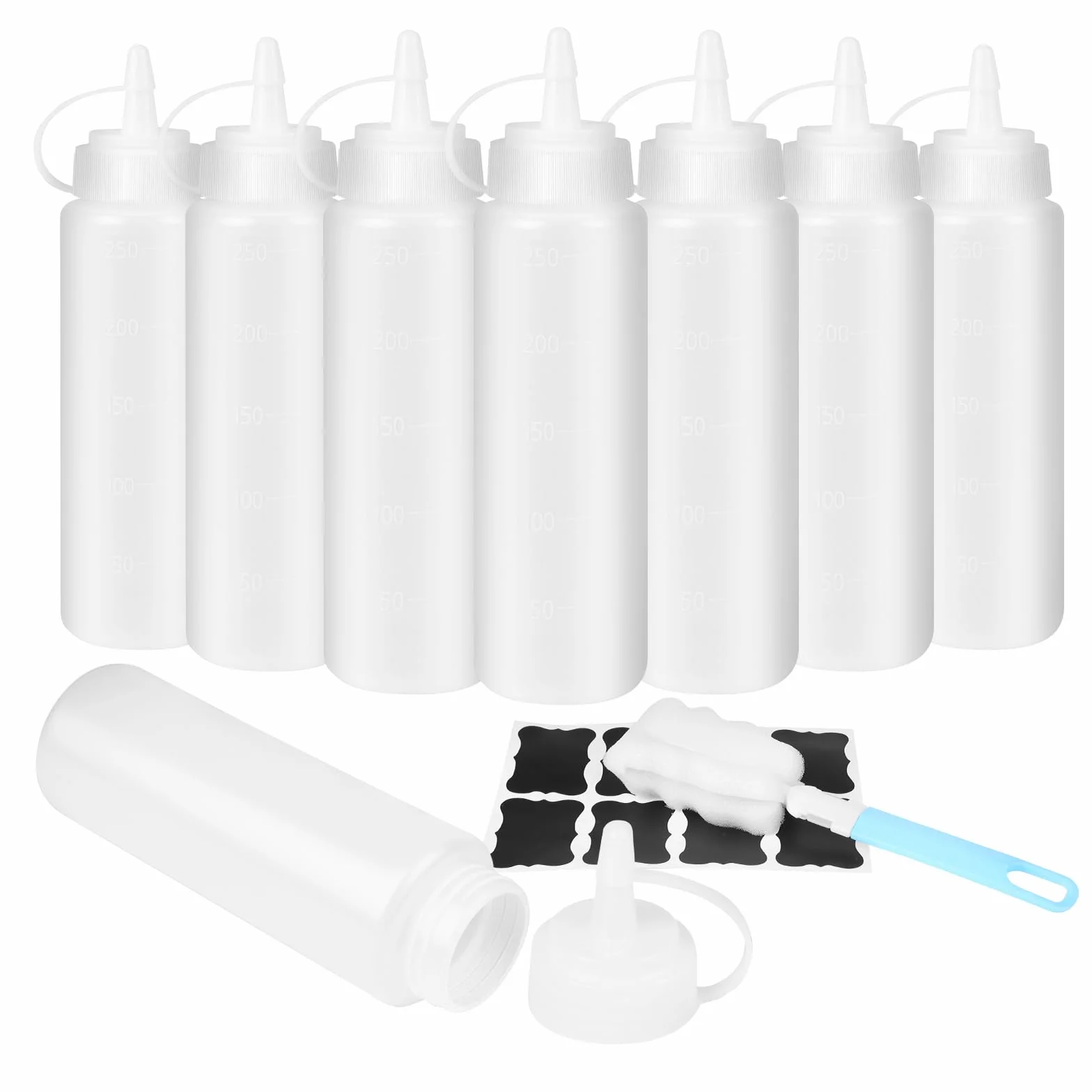 Butelka do wyciskania 250 ml, butelka do wyciskania z naklejkami i szczotką, butelki do wycieku, przezroczysta butelka na sos ze skalą, butelki na olej do przypraw keczupu, pieczenia i dressingów
