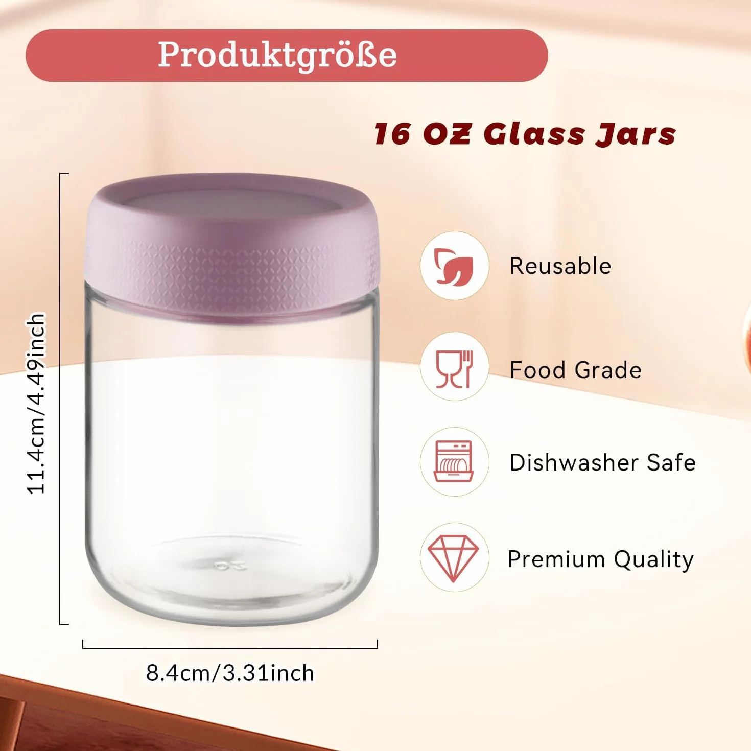 4 szklane pojemniki do przygotowania posiłków po 500 ml z hermetycznymi śrubkowymi pokrywkami, zapewniające hermetyczne zamykanie przez noc – idealne do zbiórki owsianych mączek, muesli, jogurtu i chi