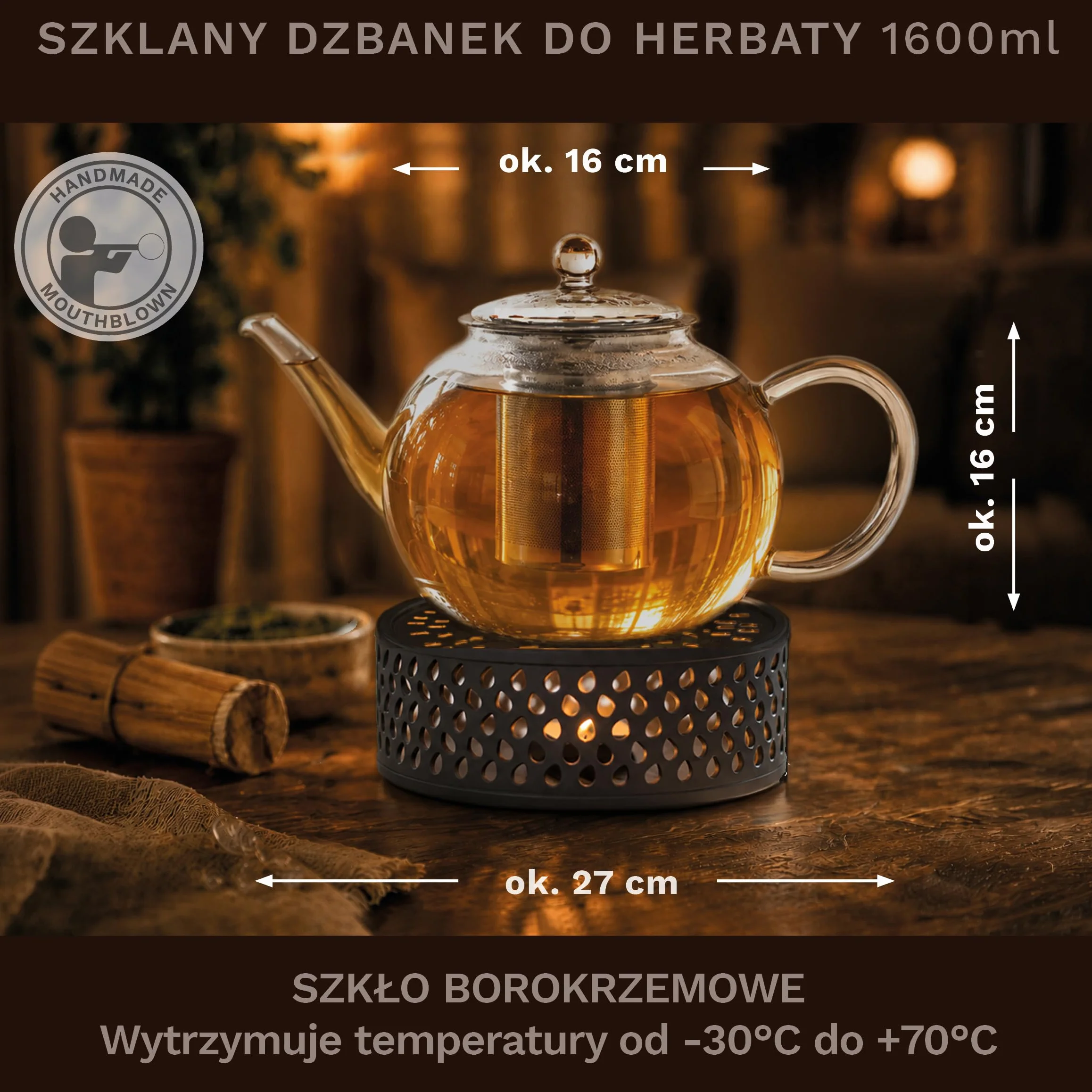 Creano Dzbanek do herbaty ze szkła 1,6 l + czarny podgrzewacz ze stali nierdzewnej – szklany dzbanek do herbaty z filtrem ze stali nierdzewnej i pokrywką – idealny do przygotowywania herbaty sypkiej