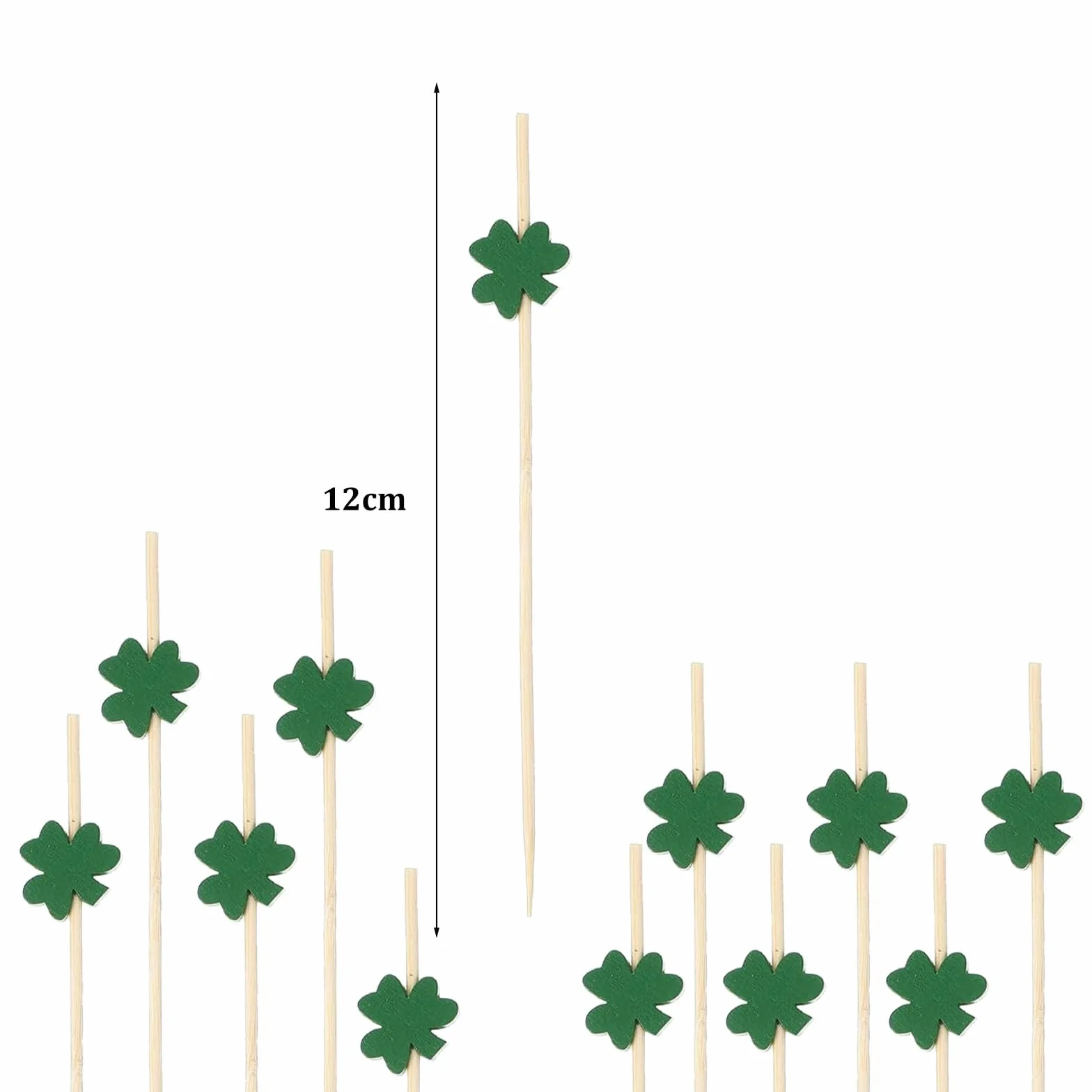 ENLACE Szczęście Koniczyna Szpikulce koktajlowe 100 sztuk Szaszłyki na przekąski 12 cm, dekoracja na Dzień Świętego Patryka, drewniane szpikulce na owoce, drewniane wykałaczki na imprezę, szpikulce do