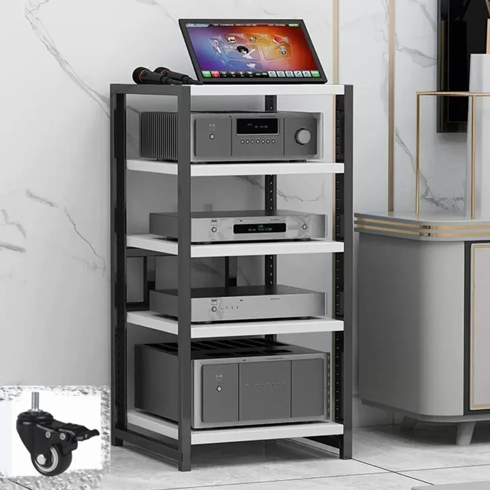 Szafka do przechowywania multimediów z kółkami, regulowane półki, stojak AV na konsole do gier i sprzęt audio, biała wieża stereo i organizer do pokoju nagraniowego