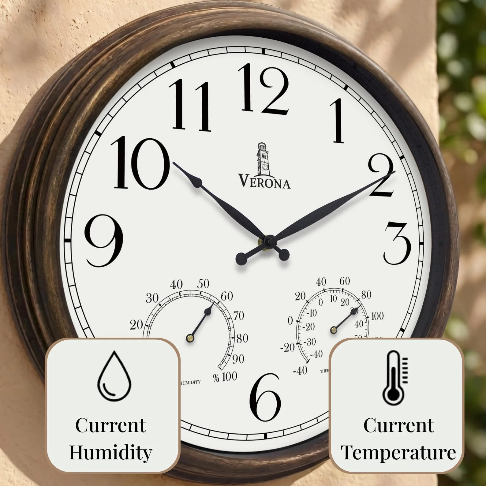Zegary zewnętrzne na patio, duże, wodoodporne, z termometrem, 61 cm, wewnętrzny, zewnętrzny zegar ścienny z kombinacją temperatury i wilgotności, odporny na warunki atmosferyczne, dokładny i łatwy do