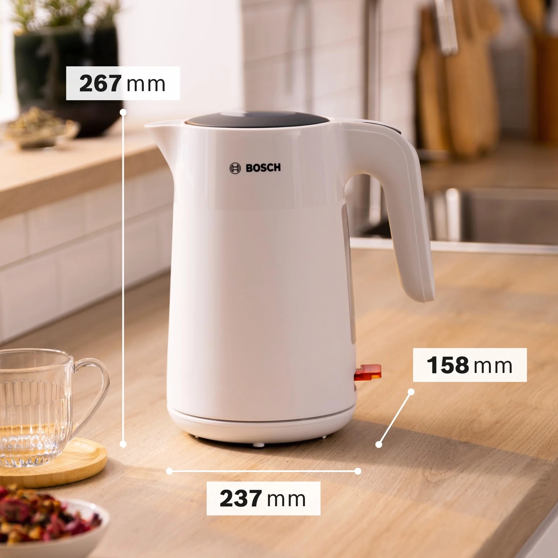 Bosch, czajnik elektryczny, MyMoment, ergonomiczna budowa, duży otwór, potrójne zabezpieczenie, filtr antyosadowy, pojemność 1,7 l, wysokiej jakości plastik, biały, TWK2M161