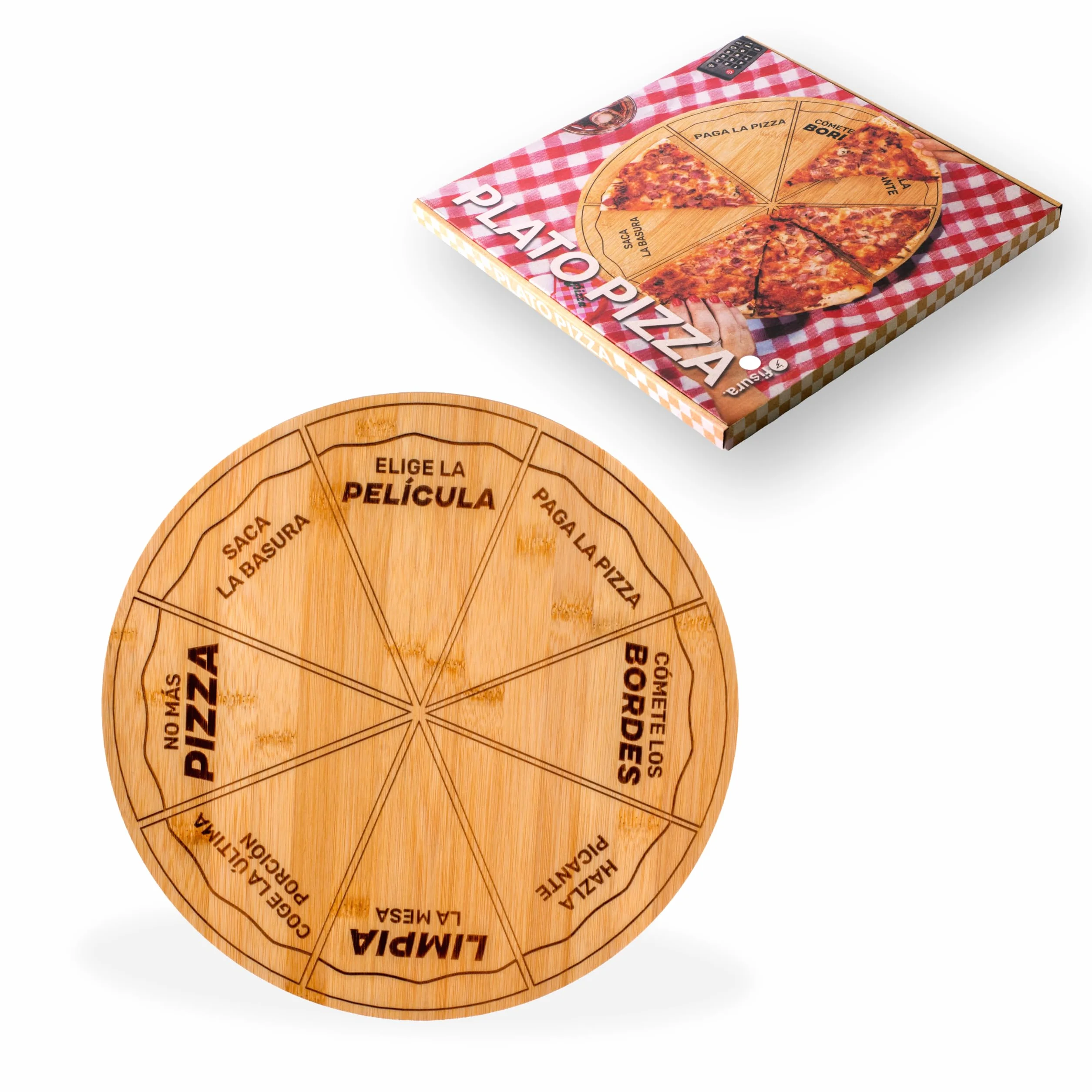 Fisura – Oryginalna taca do pizzy. Taca na pizzę z zabawnymi wiadomościami po hiszpańsku. Okrągła deska z równymi porcjami z drewna bambusowego. Średnica 35 cm.