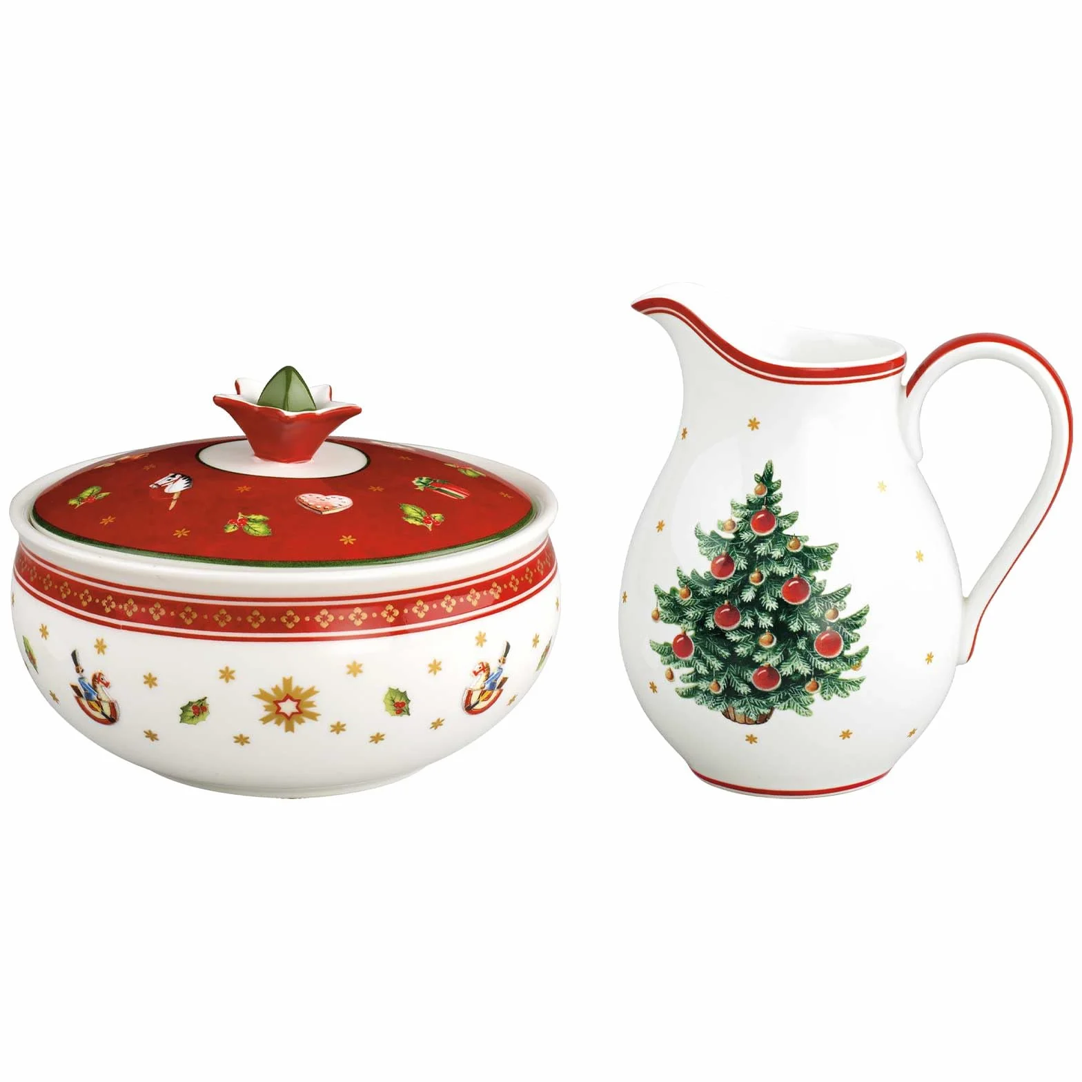 Villeroy & Boch Toy's Delight zestaw do mleka i cukru, dzbanek na mleko (500 ml) i cukiernica (420 ml), zastawa do serwowania z dekoracją bożonarodzeniową, porcelana premium, czerwono-biały