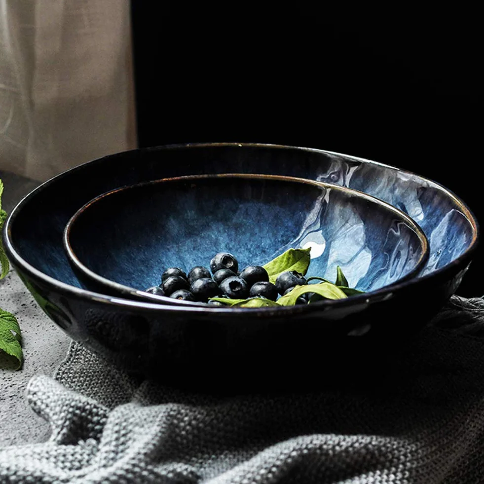 Niebieska ceramiczna miska do sałatek, retro japoński styl miska ramen, kreatywna zastawa stołowa miska na sałatkę owocową miska na zupę L