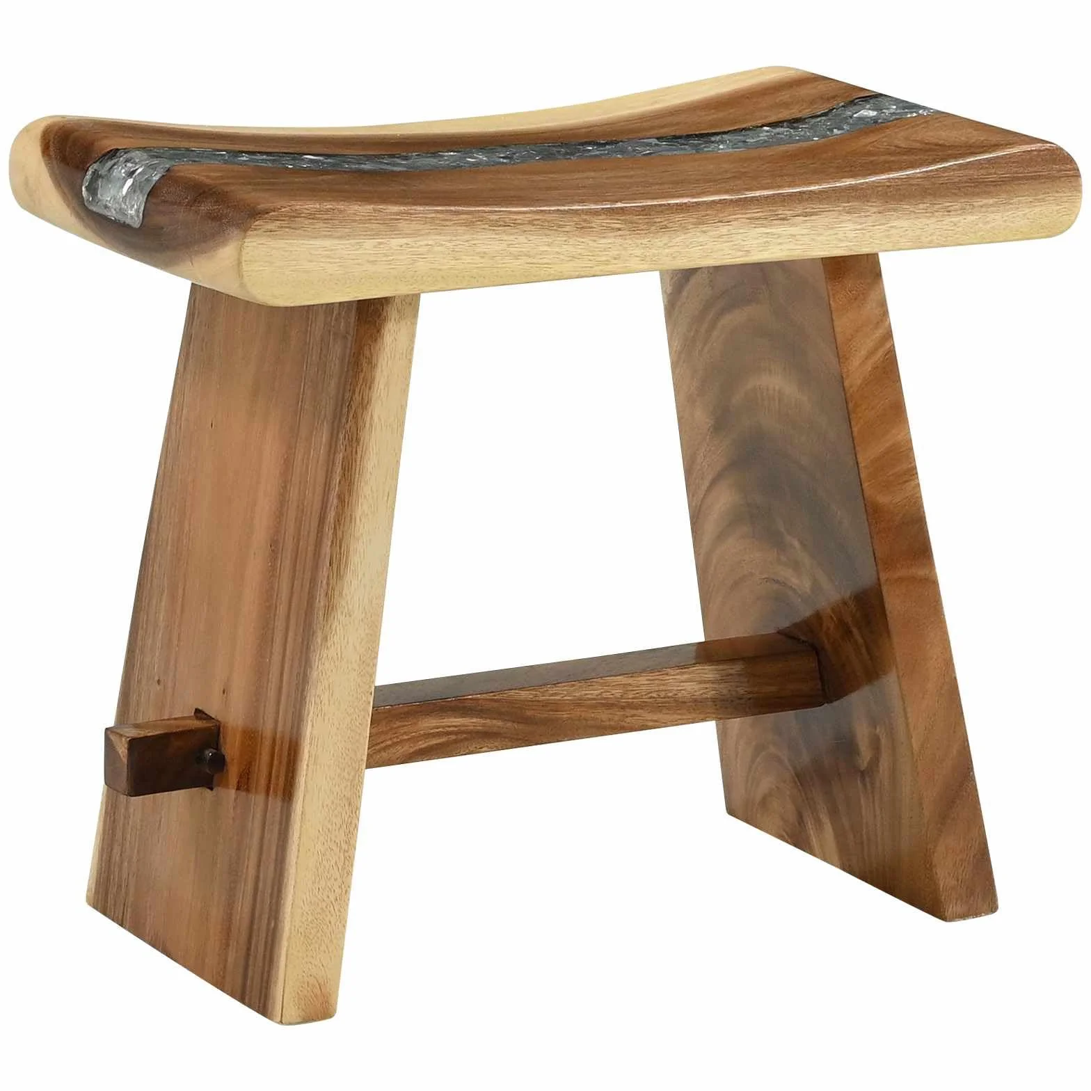 Naturalny taboret prysznicowy, 50 x 30 x 44 cm, z litego drewna suarowego, tacą z żywicy i pękniętym szkłem, nowoczesny design do łazienki, stojak na rośliny lub akcesoria prysznicowe