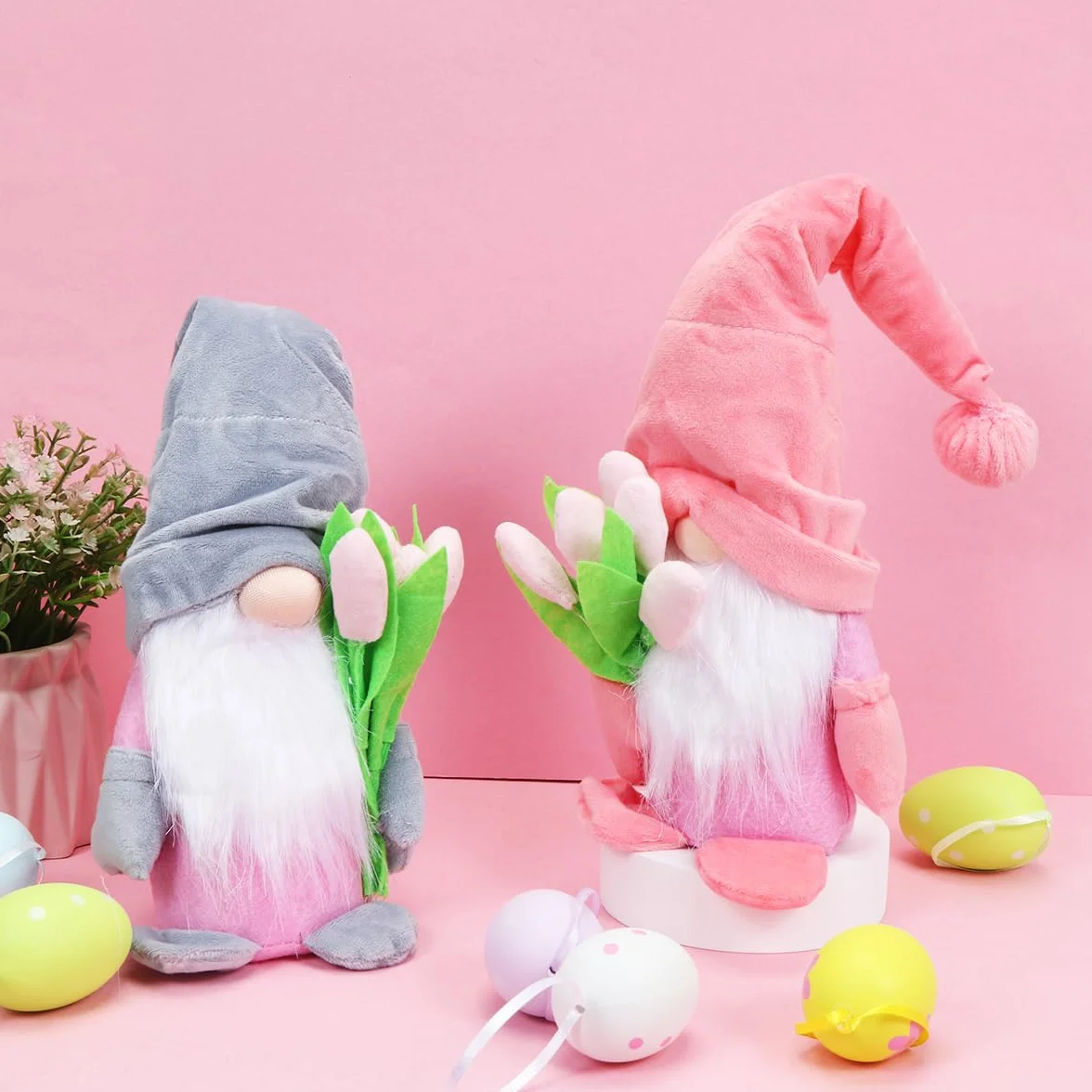 O-Kinee 2 sztuki skrzata wiosny z tulipanami, bukiety kwiatów, figurki skrzatów, dekoracja wiosenna, słodki, wiosenny skrzat, tulipany, prezent dla kobiet, mamy, na Dzień Matki, dekoracja skrzata