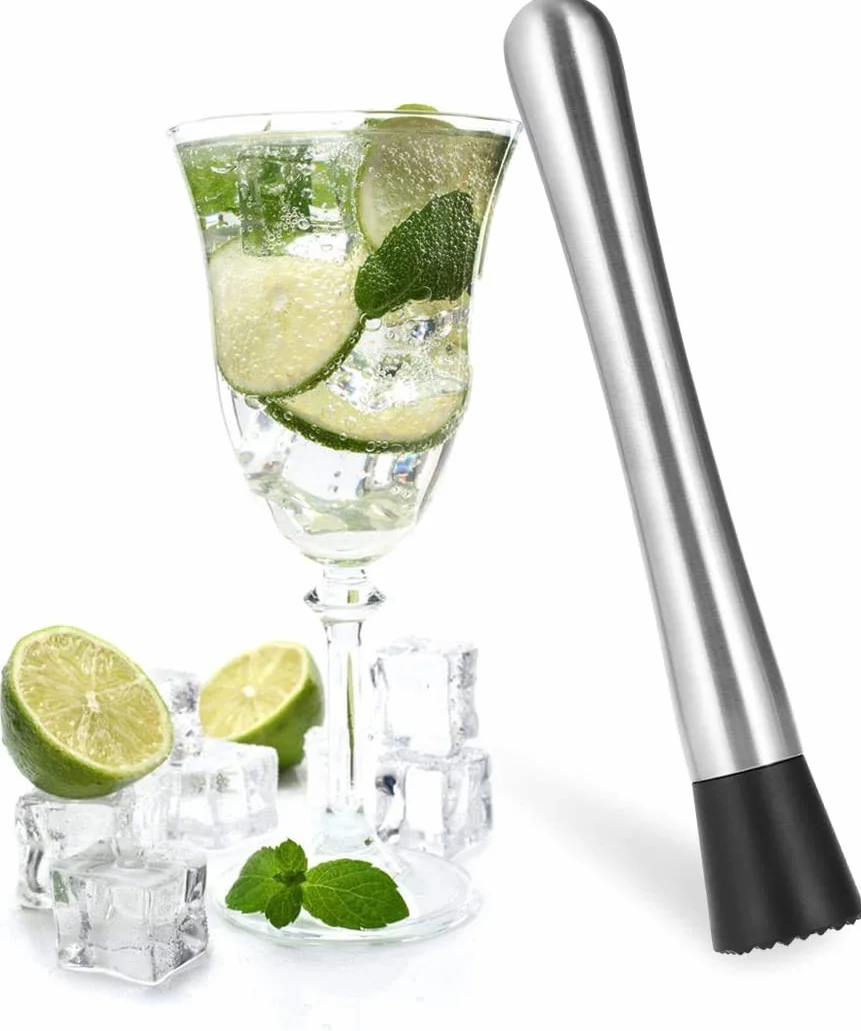 Voarge Tłuczek do koktajli, z rowkowaną głowicą z tworzywa sztucznego, ze stali nierdzewnej, ubijak Mojito, idealny dla barmanów