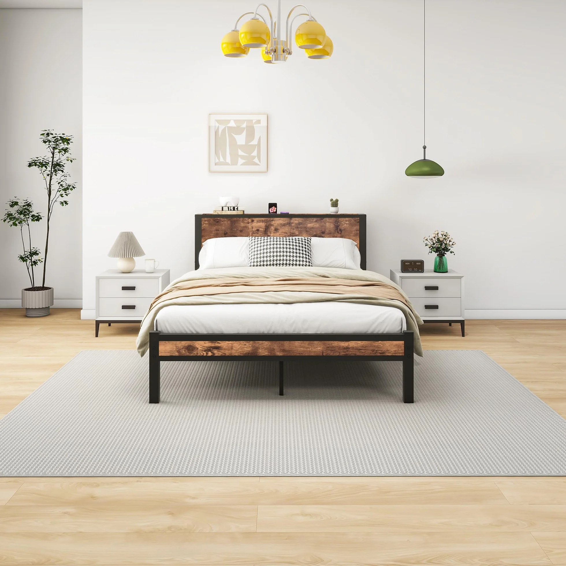 HOMERECOMMEND Rama łóżka 140 x 200, łóżko podwójne 140 x 200 cm, stelaż z metalu, łóżko dla gości do małych pomieszczeń, kolor czarny i brązowy