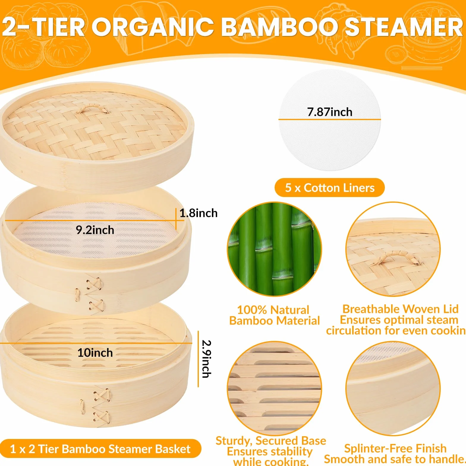 Parowar bambusowy 20 cm, 2 poziomy, do ryżu, Dim Sum, warzyw, ryb i mięsa, w zestawie 5 bawełnianych ściereczek