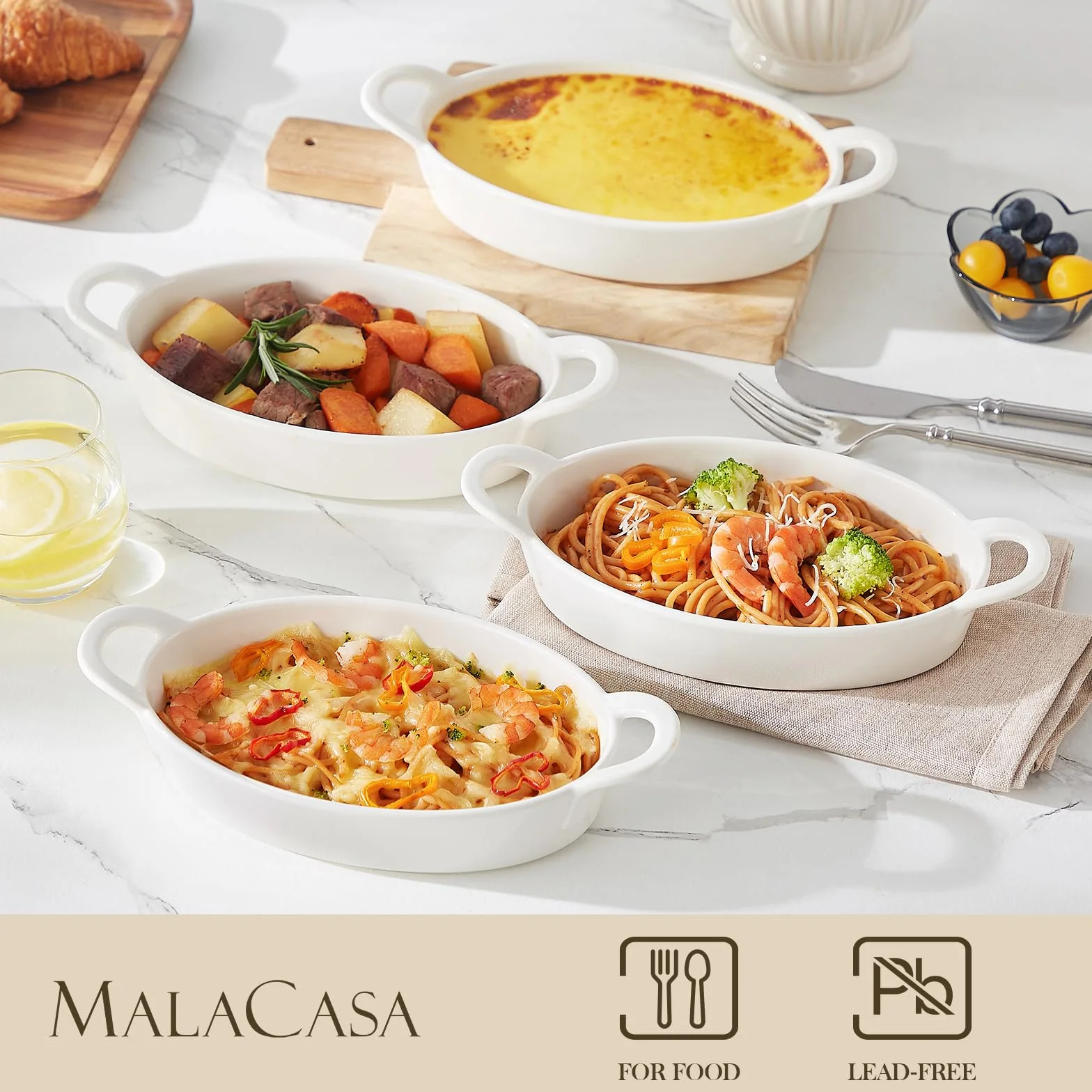 MALACASA Owalne ceramiczne naczynia do pieczenia w piekarniku, idealne do lasagne, placka pasterskiego i więcej - małe naczynie do ciasta, zestaw 4 sztuk, 22 uncje, białe, bezpieczne do piekarnika
