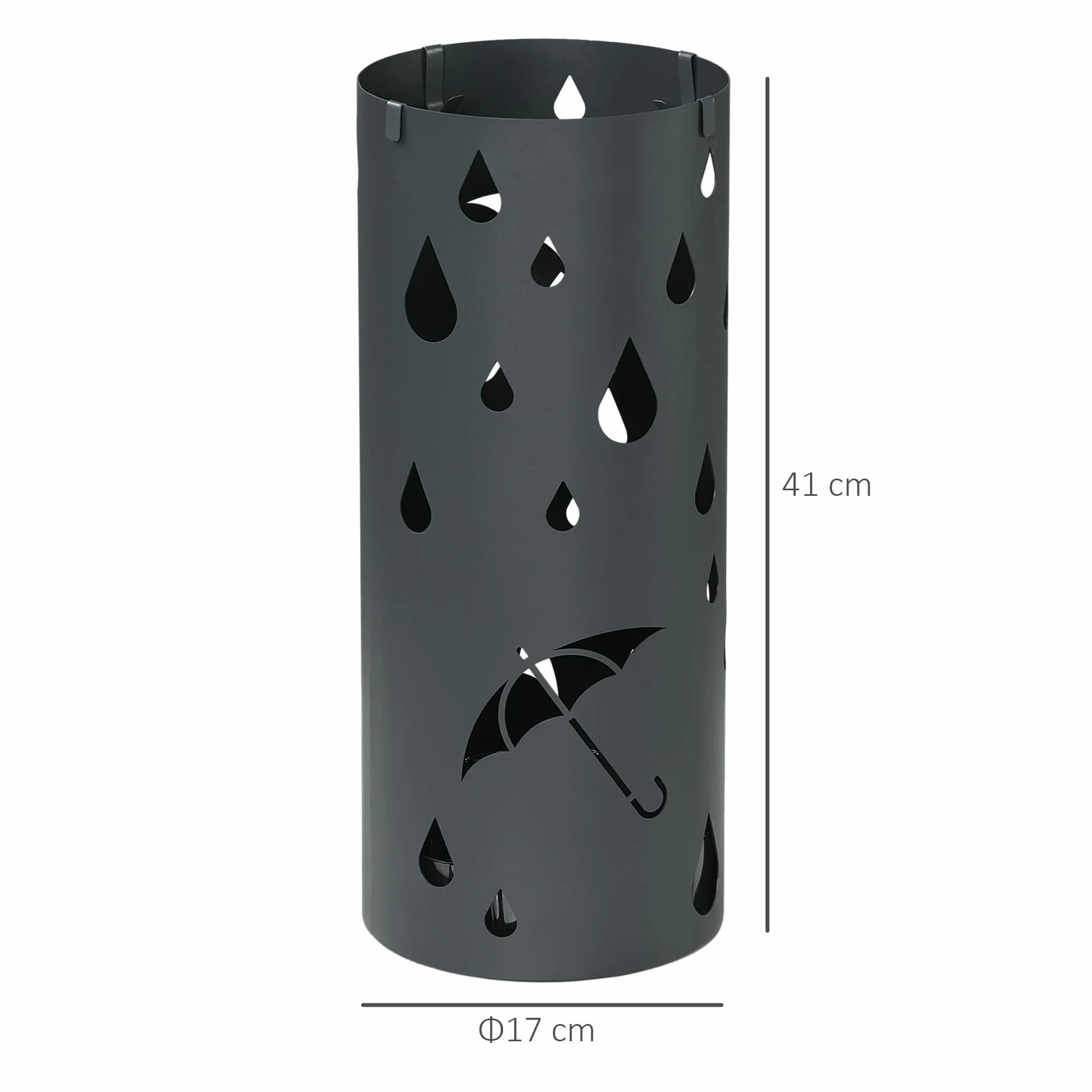 HOMCOM Stojak na parasole stojak na parasole z 4 haczykami i zdejmowaną tacką ociekową, uchwyt na laski i parasole, stalowy, Ø 17 x 41 cm, ciemnoszary
