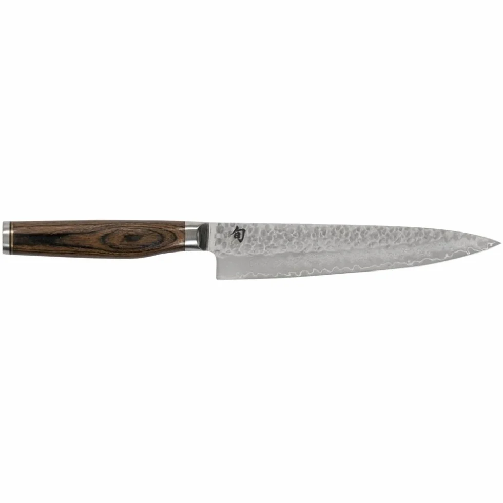 KAI Shun Premier Tim Mälzer japoński nóż uniwersalny, długość ostrza 16,5 cm, rdzeń VG-MAX 61 HRC, 32 warstwy adamaszku polerowanego na wysoki połysk - drewno Pakka średni brąz - powierzchnia udarowa