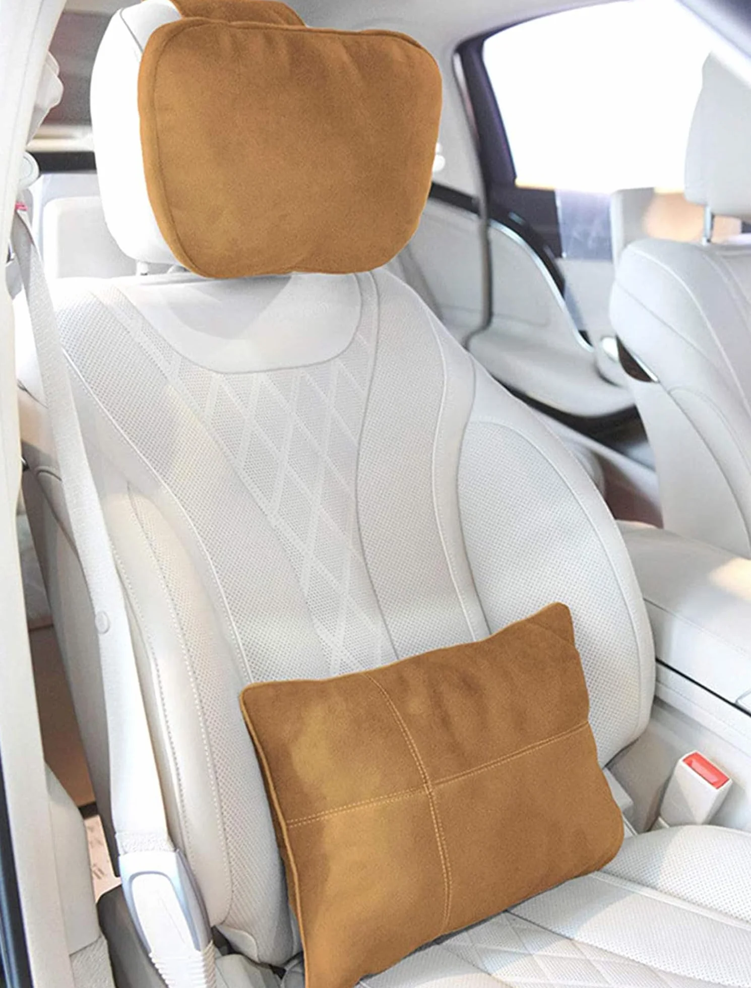 Kwak's zestaw poduszek na zagłówek, Maybach Design S klasa, super miękka poduszka na zagłówek samochodowy, podparcie lędźwiowe, poszewka ze sztucznego zamszu PP, bawełniana wypełniona poduszka (brązowa)