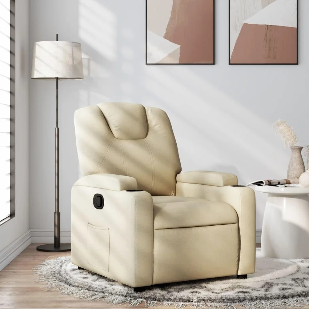 Fotel relaksacyjny w kolorze kremowym z regulowanym oparciem i podnóżkiem, ergonomiczne krzesło wypoczynkowe z wyściełanym podłokietnikami, drewniana rama metalowa, idealny do czytania