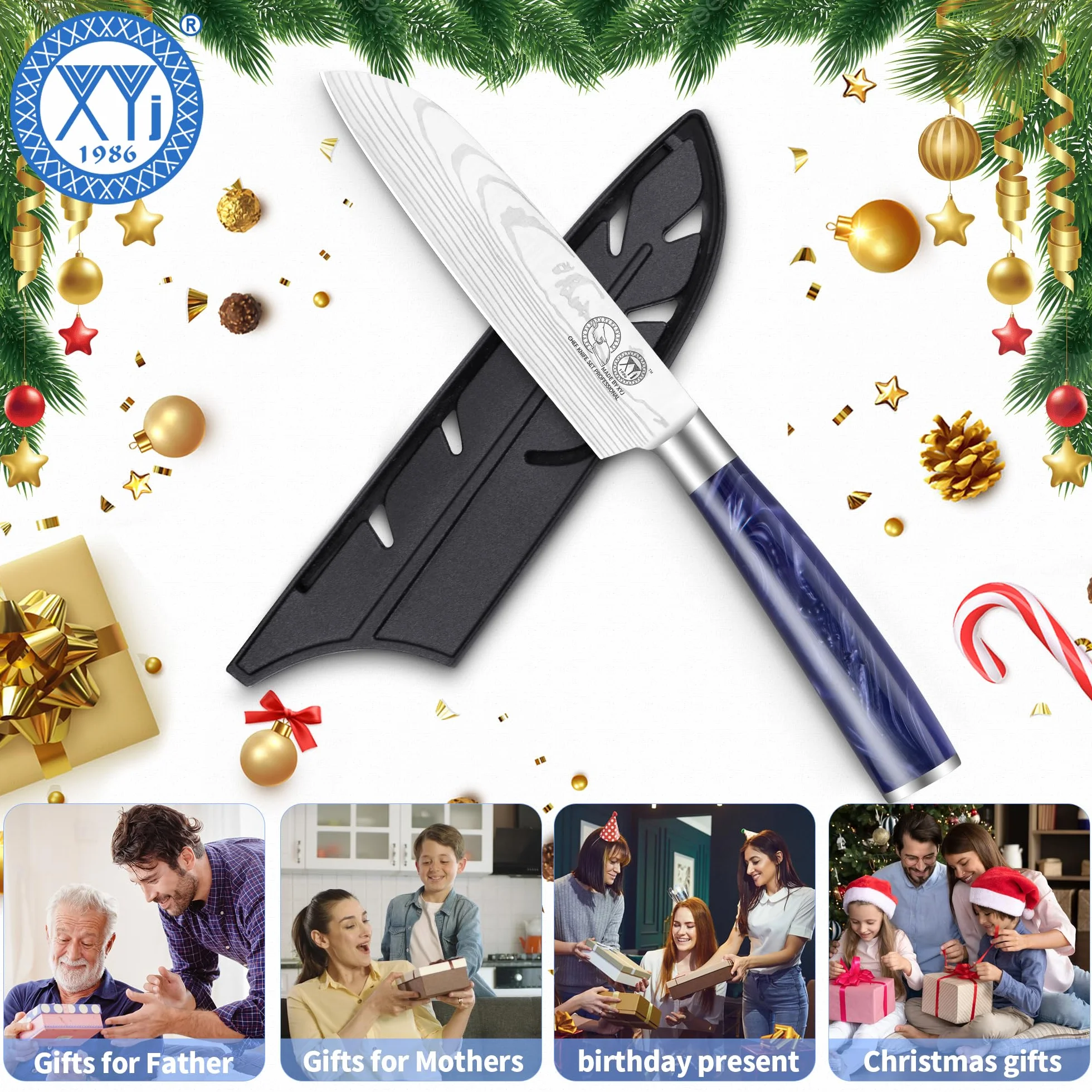 XYJ Professional Kitchen Knife,Stainless Steel Japanese Santoku Knife 5 Inch,Laser Damacus Pattern,Cleaver,Meat Knife for Kitchen Outdoor Camping BBQ,Knife With Cover