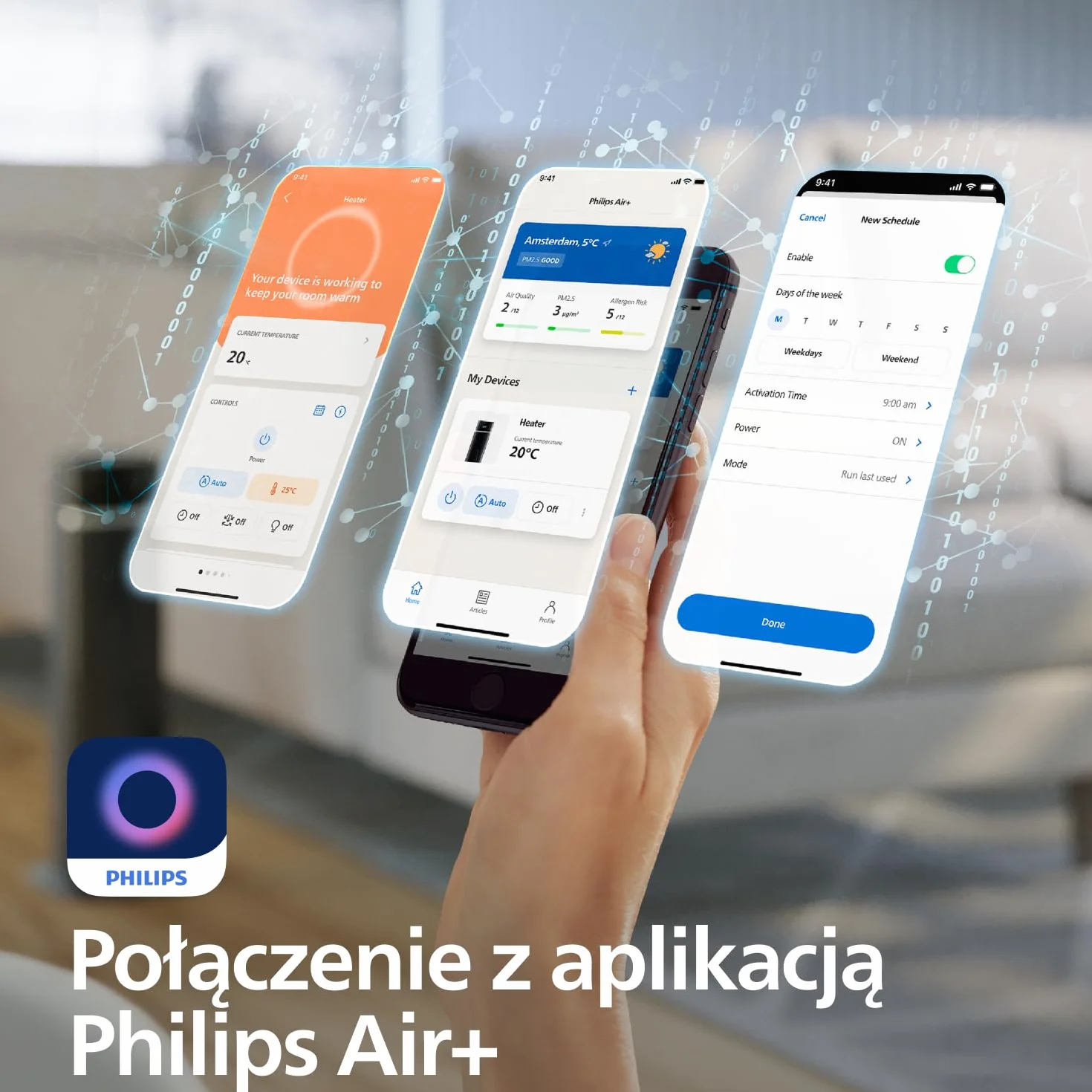 Termowentylator Philips serii 5000, energooszczędny (do 50%), podłączony do aplikacji, 2000W, wyświetlacz temp., 5 funkcji bezpieczeństwa, 4 tryby, oscylacja 60°, cichy, czarno-ciemnoszary (CX5120/11)