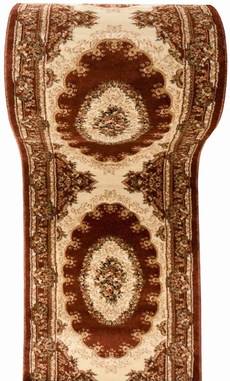 TAPISO Yesemek dywan bieżnik na korytarz, krótkie runo, klasyczny medalion kwiatowy, tradycyjny wzór ornamentowy, brązowy, kremowy, do korytarza, Ökotex 90 x 1400 cm