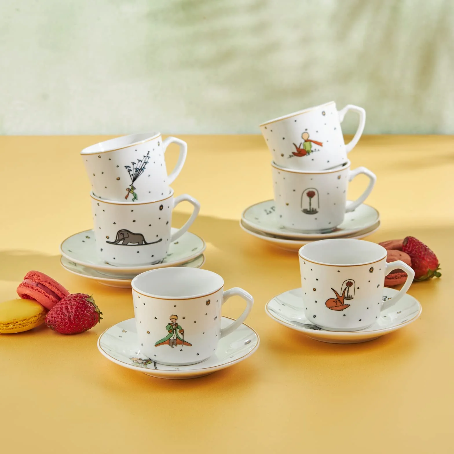 KARACA Le Petit Prince Design Porcelanowe filiżanki do kawy i spodki, zestaw 6 sztuk, białe, wielokolorowe, małe, tureckie filiżanki do kawy, cappuccino, zestaw 12 sztuk, 80 ml