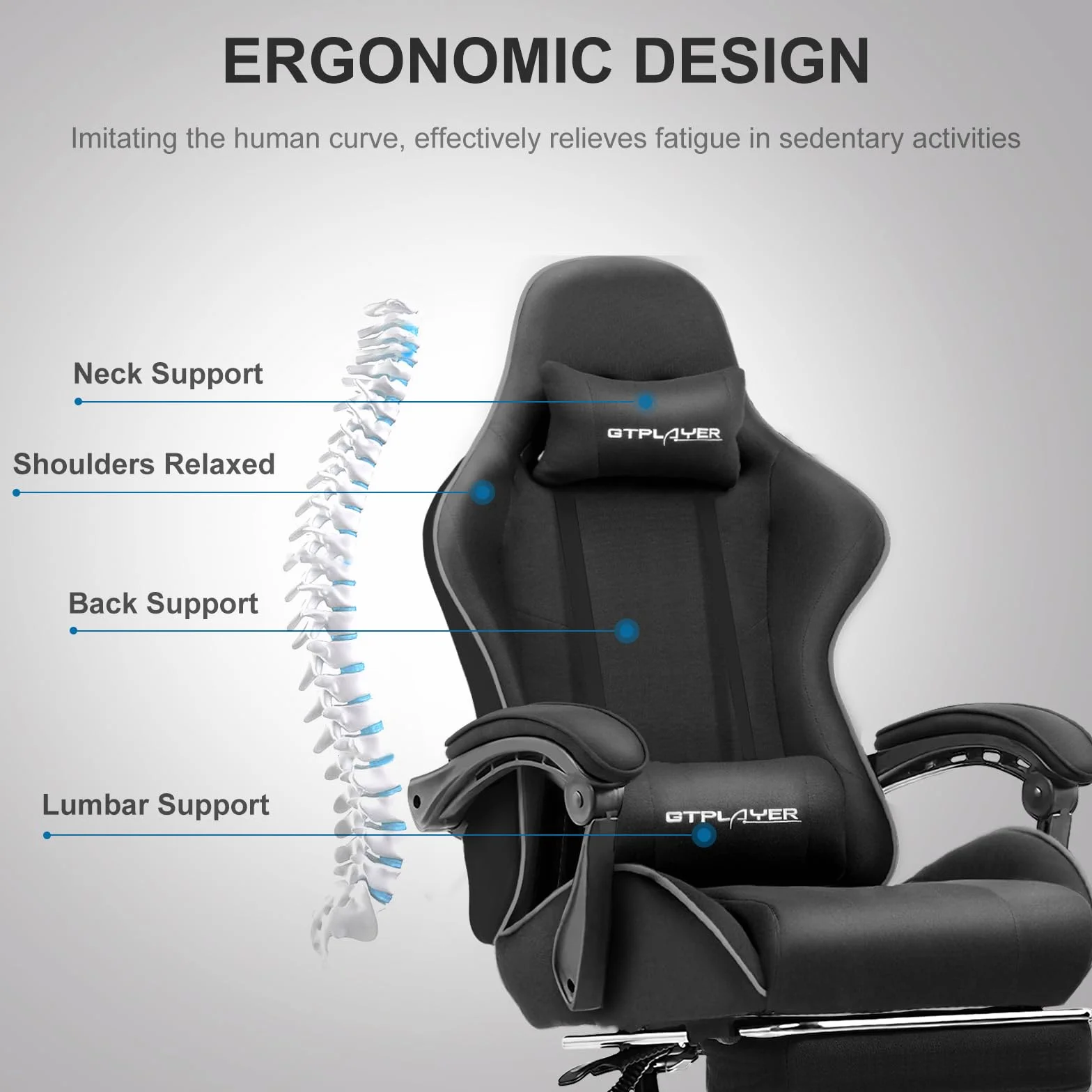 GTPLAYER Fotel gamingowy, ergonomiczny fotel komputerowy z podnóżkiem i podparciem lędźwiowym, regulacja wysokości, z siedziskiem obrotowym o 360° i zagłówkiem, do biura
