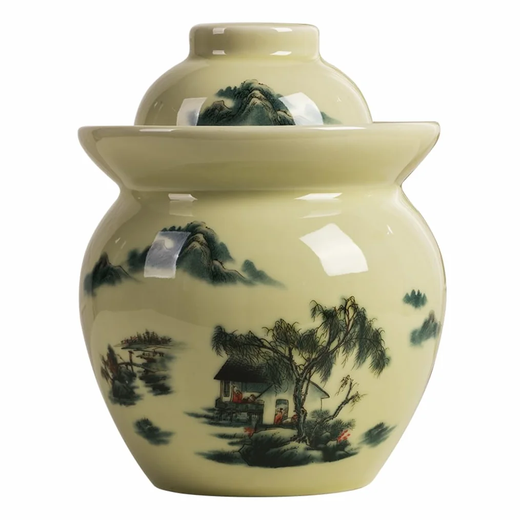 Słoik fermentacyjny – tradycyjny porcelanowy garnek do marynaty z uszczelką wodną pokrywka do marynat, kimchi, kapusty kiszonej - pojemność 3,5 kg