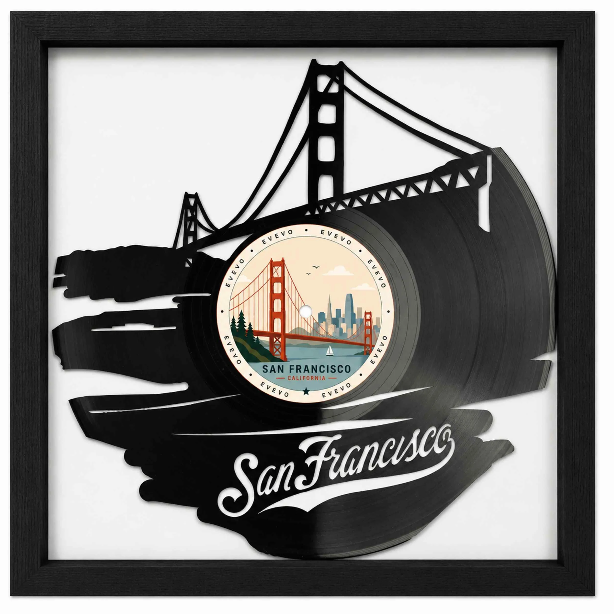EVEVO Dekoracja ścienna z płyty gramofonowej w ramie 32 x 32 cm San Francisco - winylowa sztuka ścienna Kalifornia, prezent dla fanów USA, podróżników