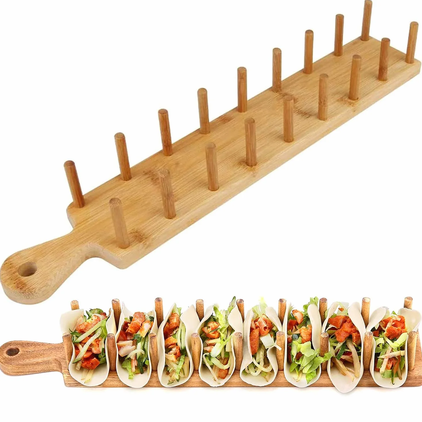 Drewniany uchwyt do tabeli, bambusowy uchwyt na tacę do 8 taco każdy, do serwowania tacek taco w stylu miękkiej skorupie (1)