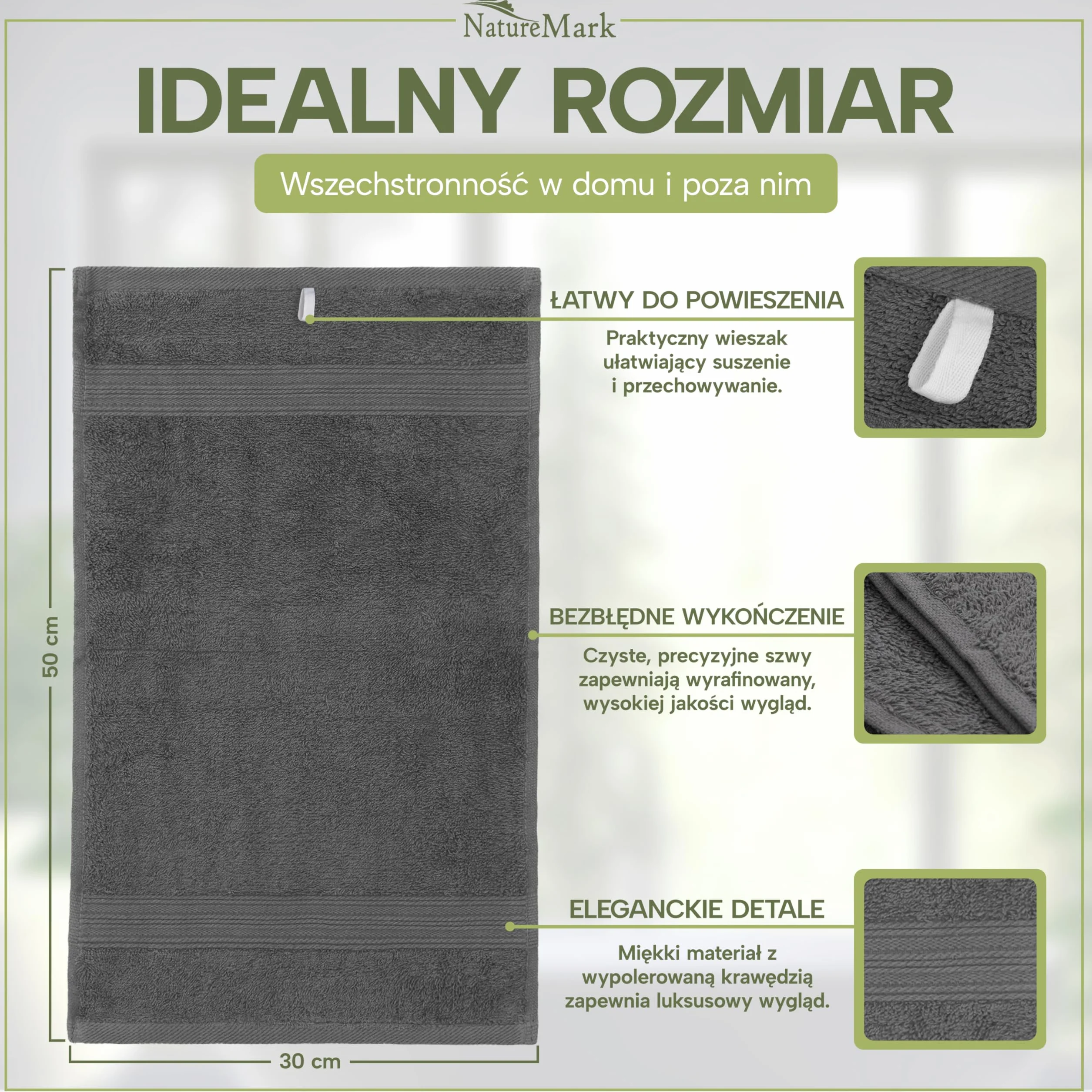 NatureMark Ręczniki gościnne – Zestaw 12 sztuk (30x50 cm), 100% bawełna, certyfikat Oeko-Tex, miękkie, chłonne i łatwe w pielęgnacji – Do łazienki, dla gości i spa – Kolor Antracyt/Szary