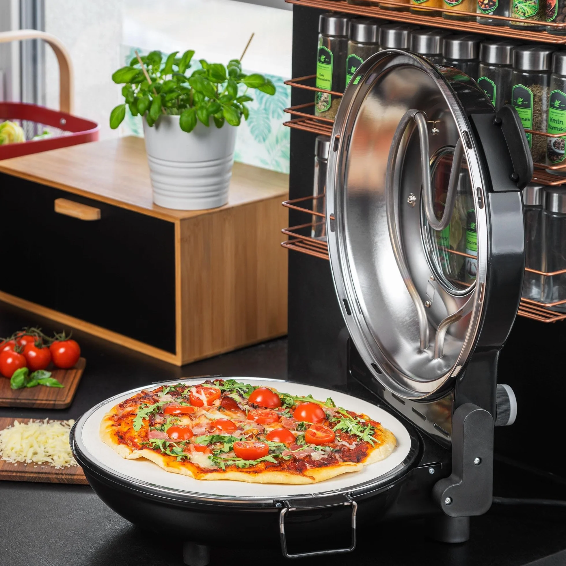 Teesa Domowy Piec do Pizzy SUPREME Moc 1200W Regulacja Temperatury 80-400°C Średnica Kamienia 32 cm Okno w Pokrywie TSA3231